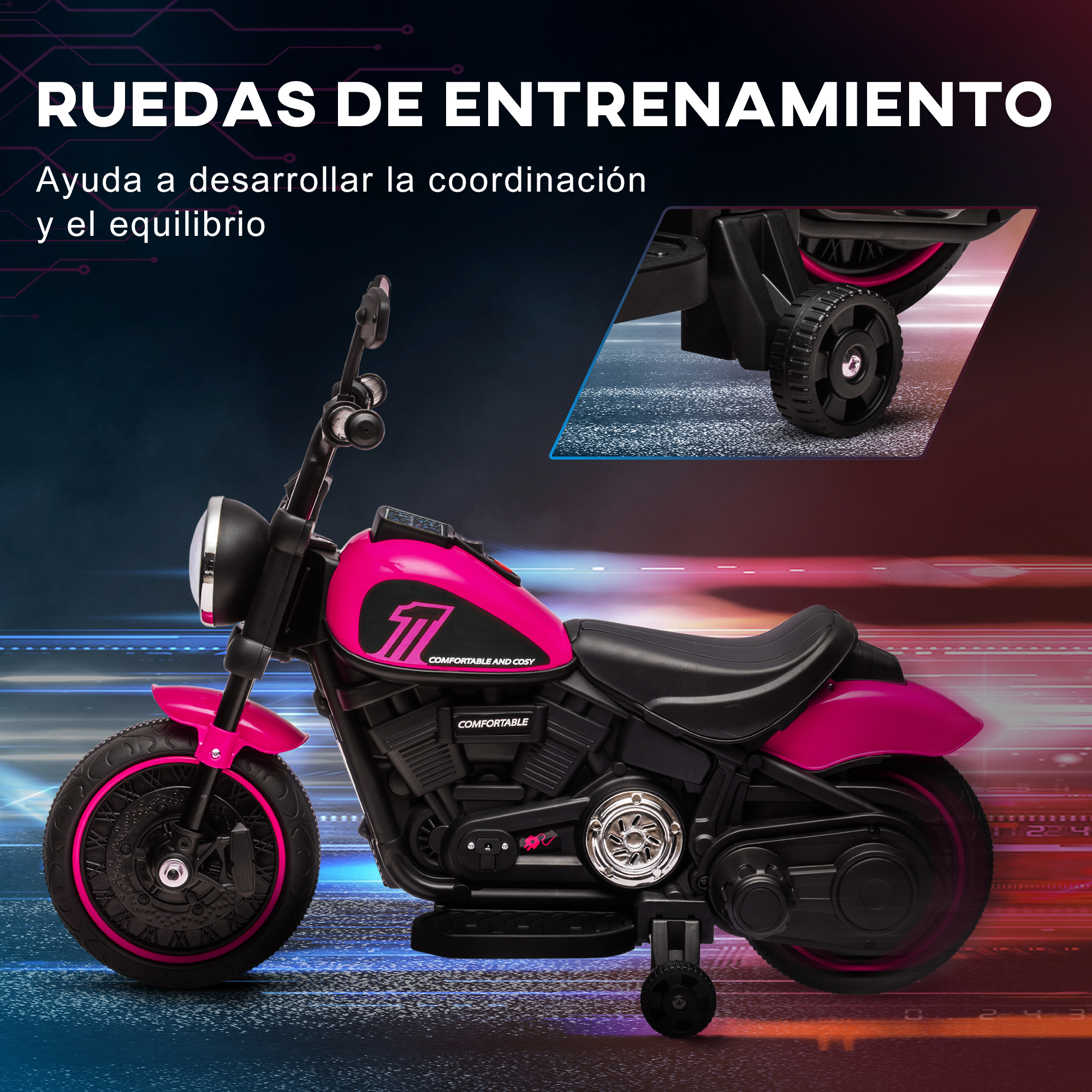 Una motocicleta de juguete rosa con ruedas de entrenamiento sobre asfalto.