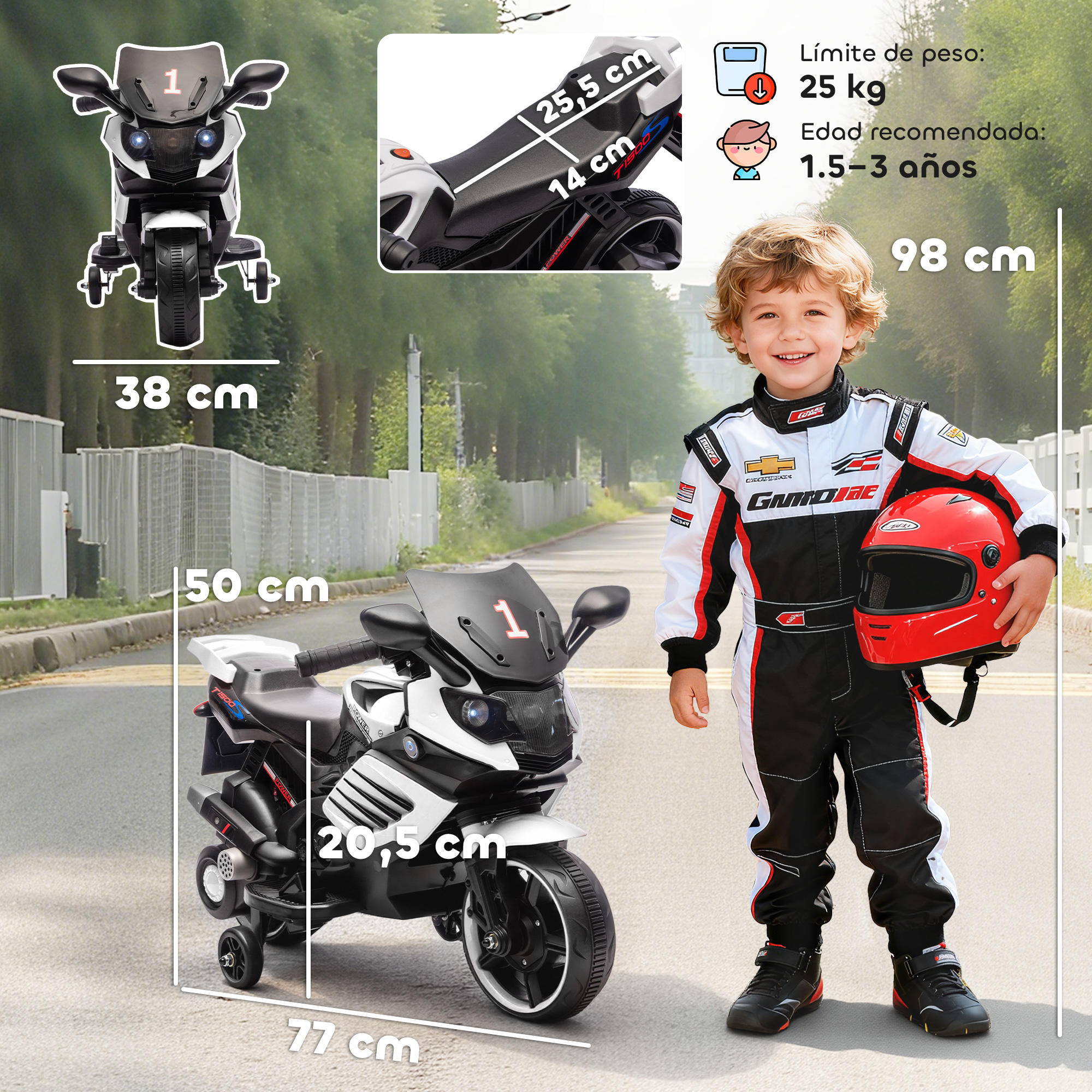 Niño con traje de carreras y casco junto a moto de juguete. Dimensiones.