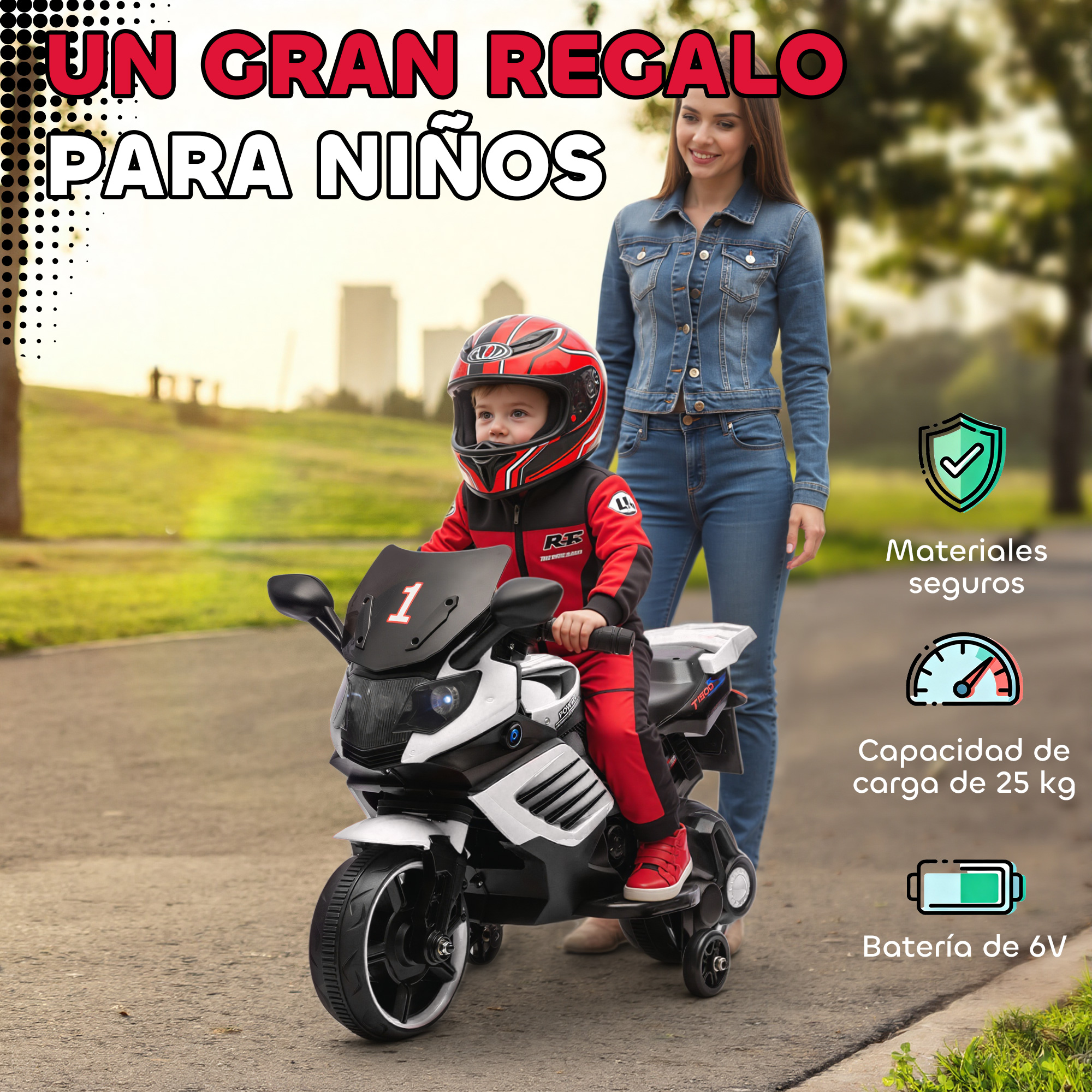 Un niño con traje rojo monta una moto de juguete blanca, una mujer está cerca.