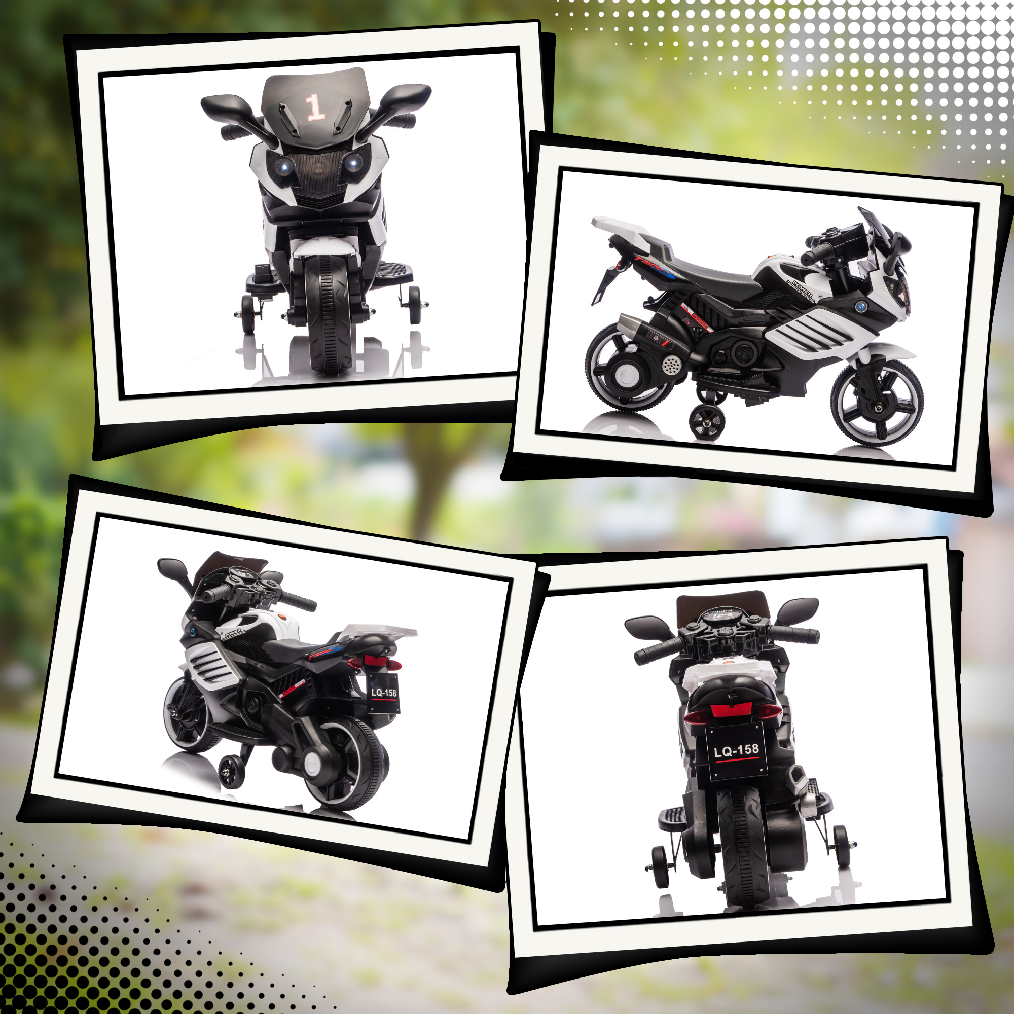Una motocicleta de juguete blanca y negra con ruedas de entrenamiento, vista frontal.