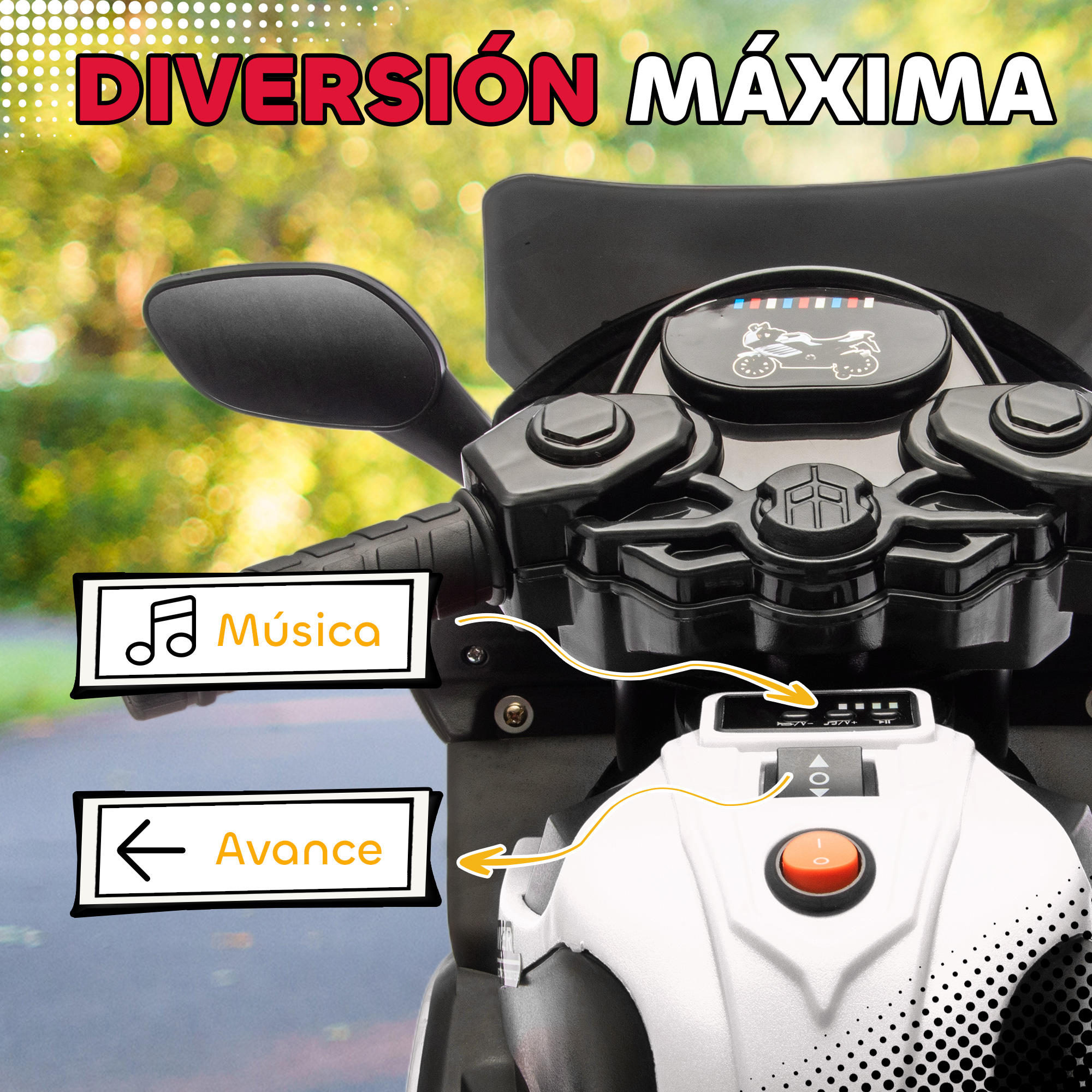 Moto eléctrica infantil con funciones de música y avance, botón naranja.