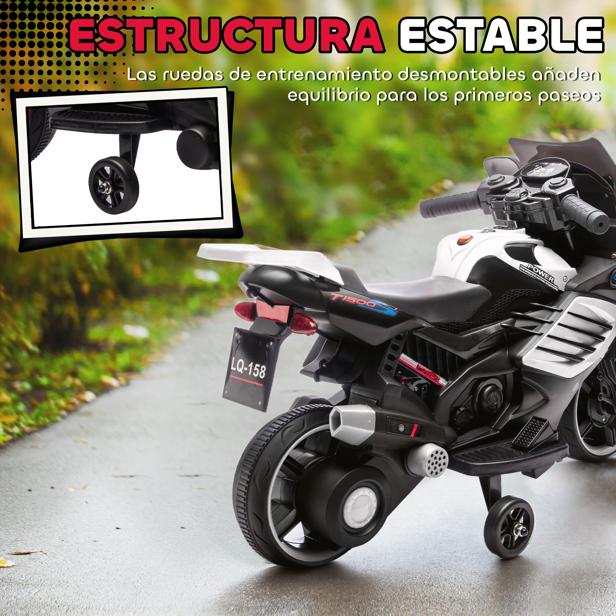 Una motocicleta de juguete blanca y negra con ruedas de entrenamiento en un camino.