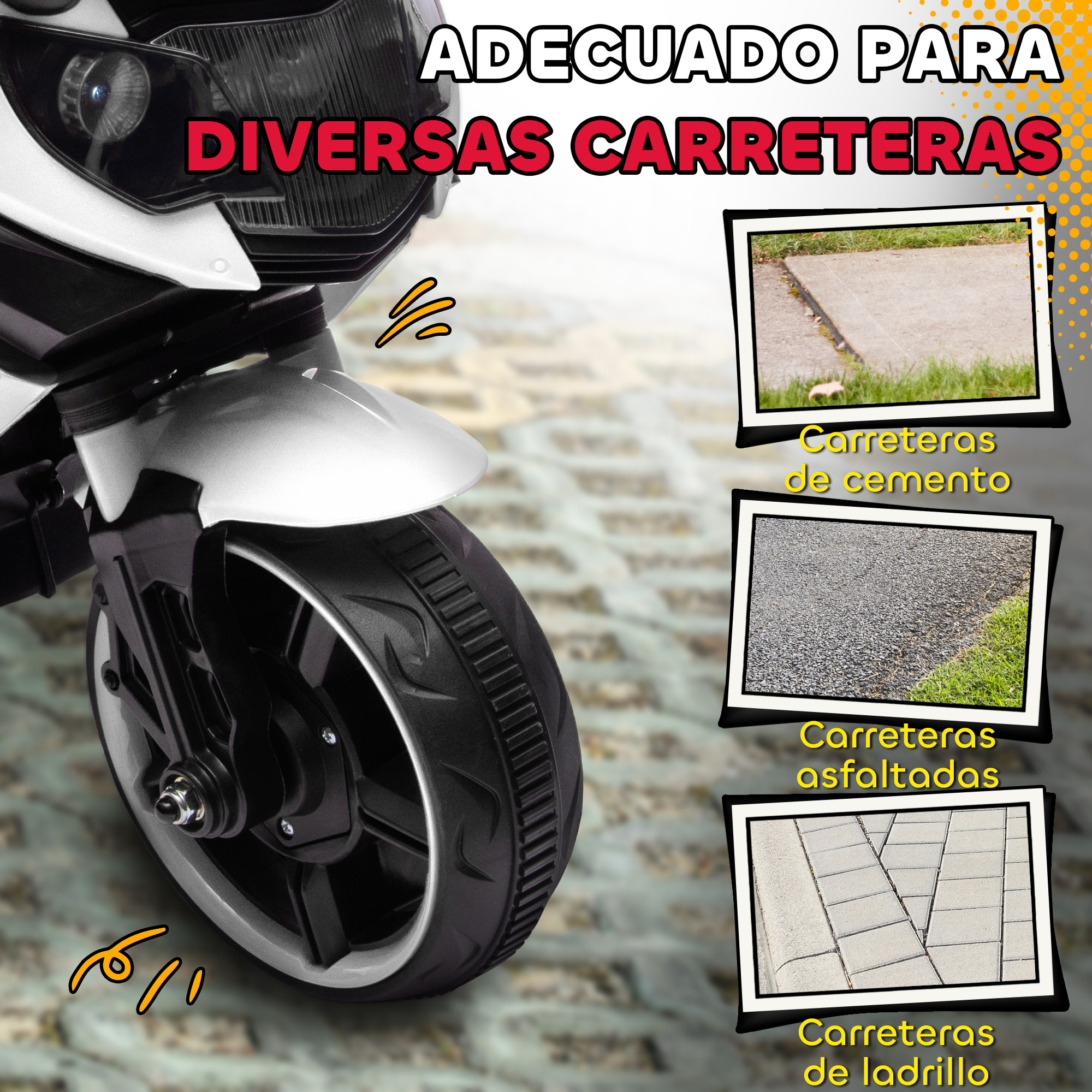 Frente de motocicleta con texto e imágenes de carreteras: cemento, asfalto, ladrillo.