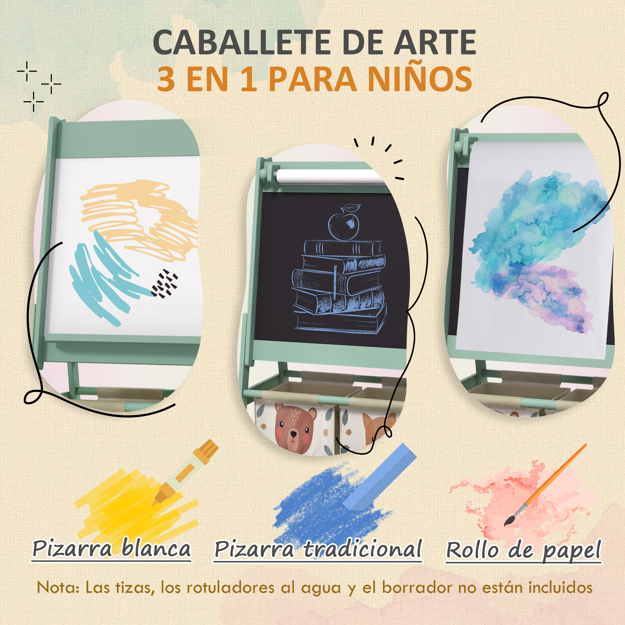Un caballete de arte 3 en 1 para niños, mostrando pizarra blanca, negra y rollo.