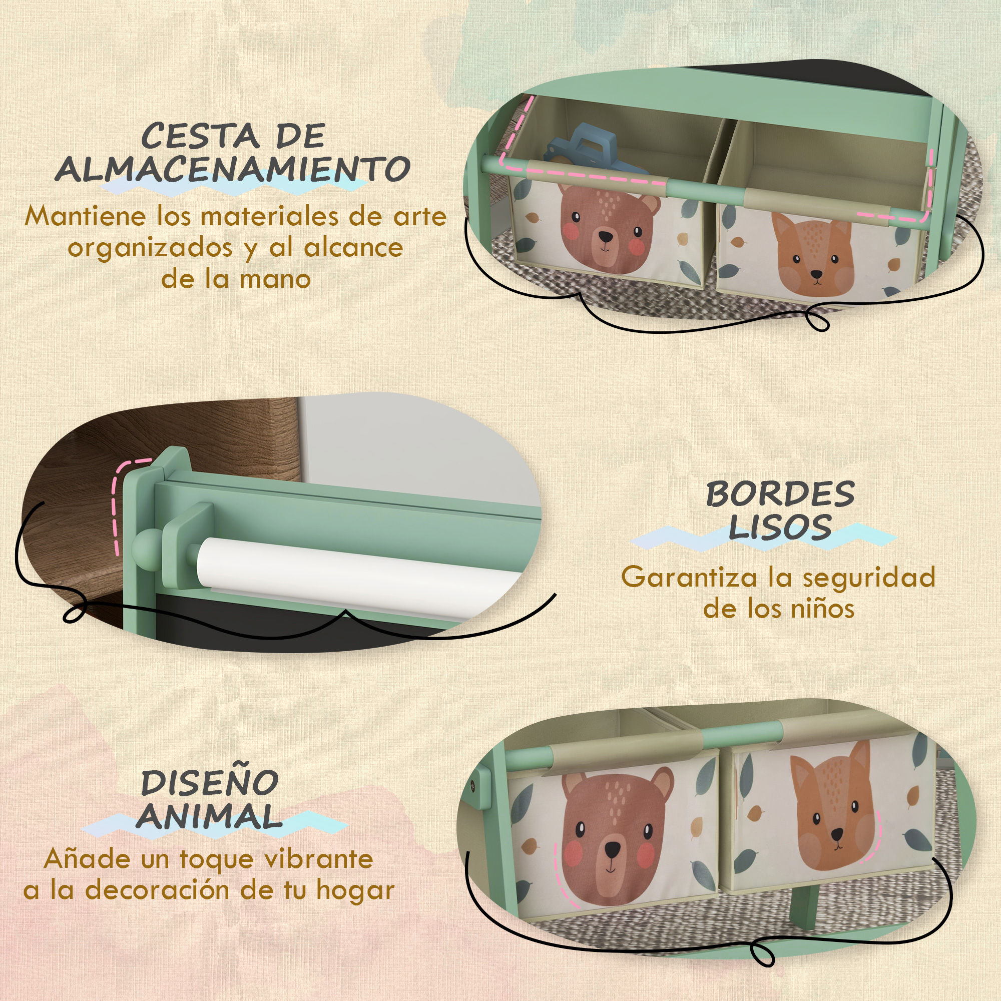 Un estante verde con cubos de almacenamiento estampados de animales.