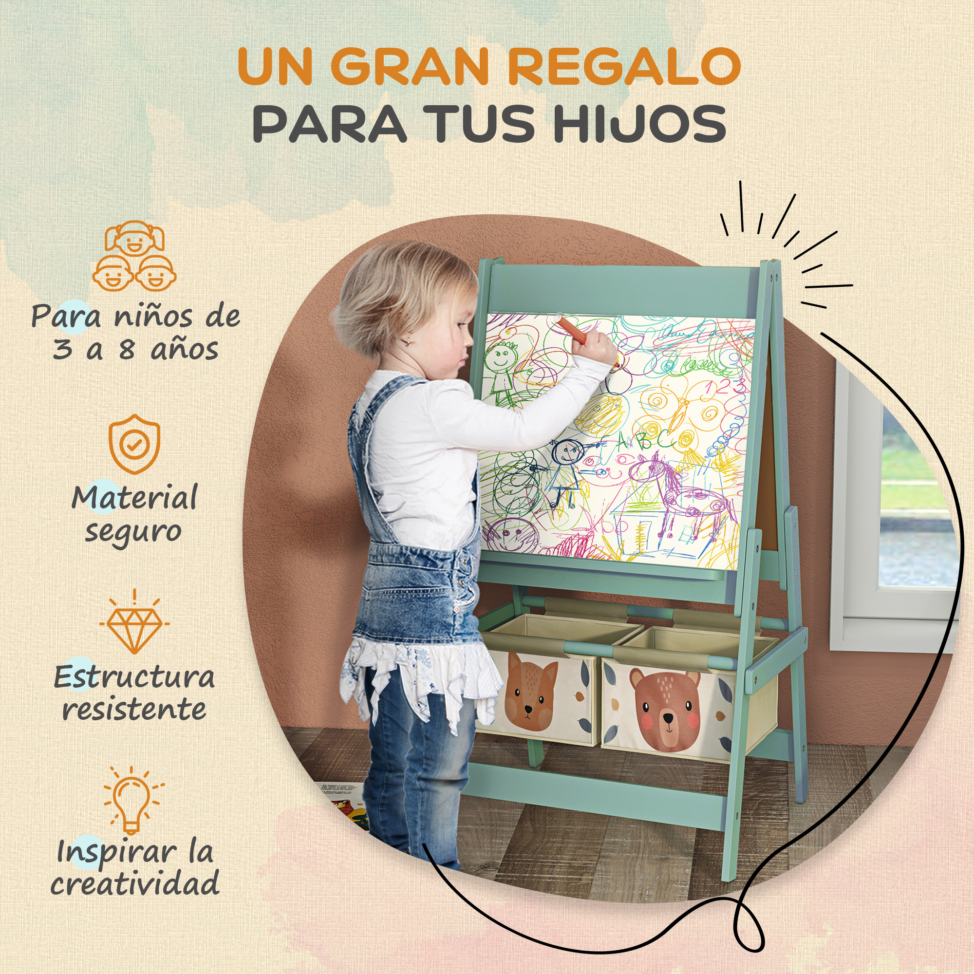 Un niño pequeño dibuja en un caballete con crayones coloridos. Debajo hay cajas de almacenamiento.