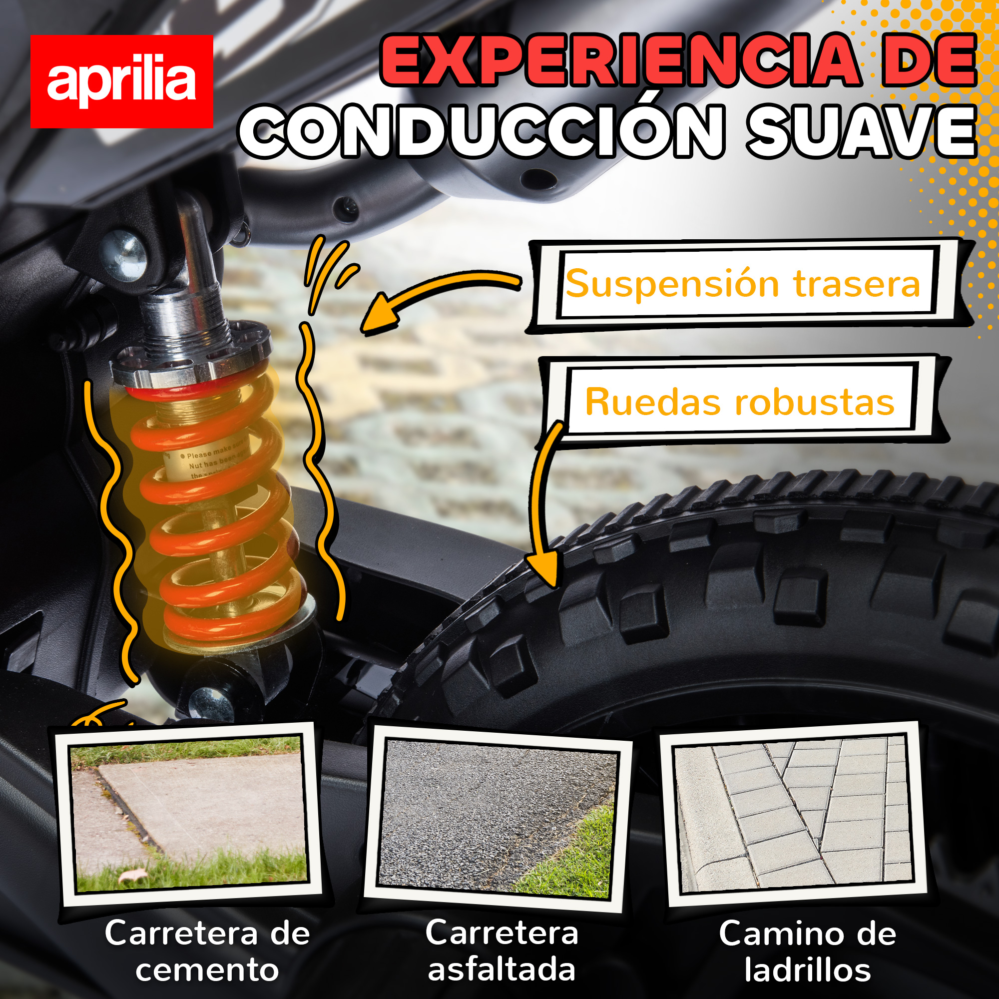 Scooter Aprilia con suspensión naranja, neumáticos robustos e imágenes de carretera.