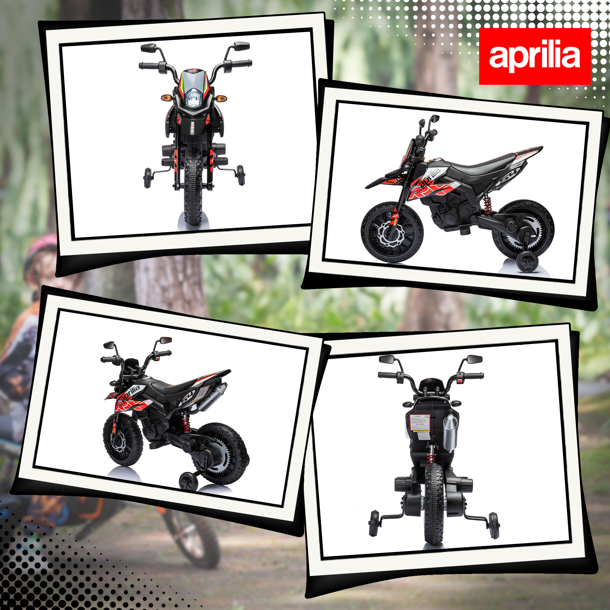 Una motocicleta de juguete Aprilia negra con ruedas de entrenamiento y detalles rojos.