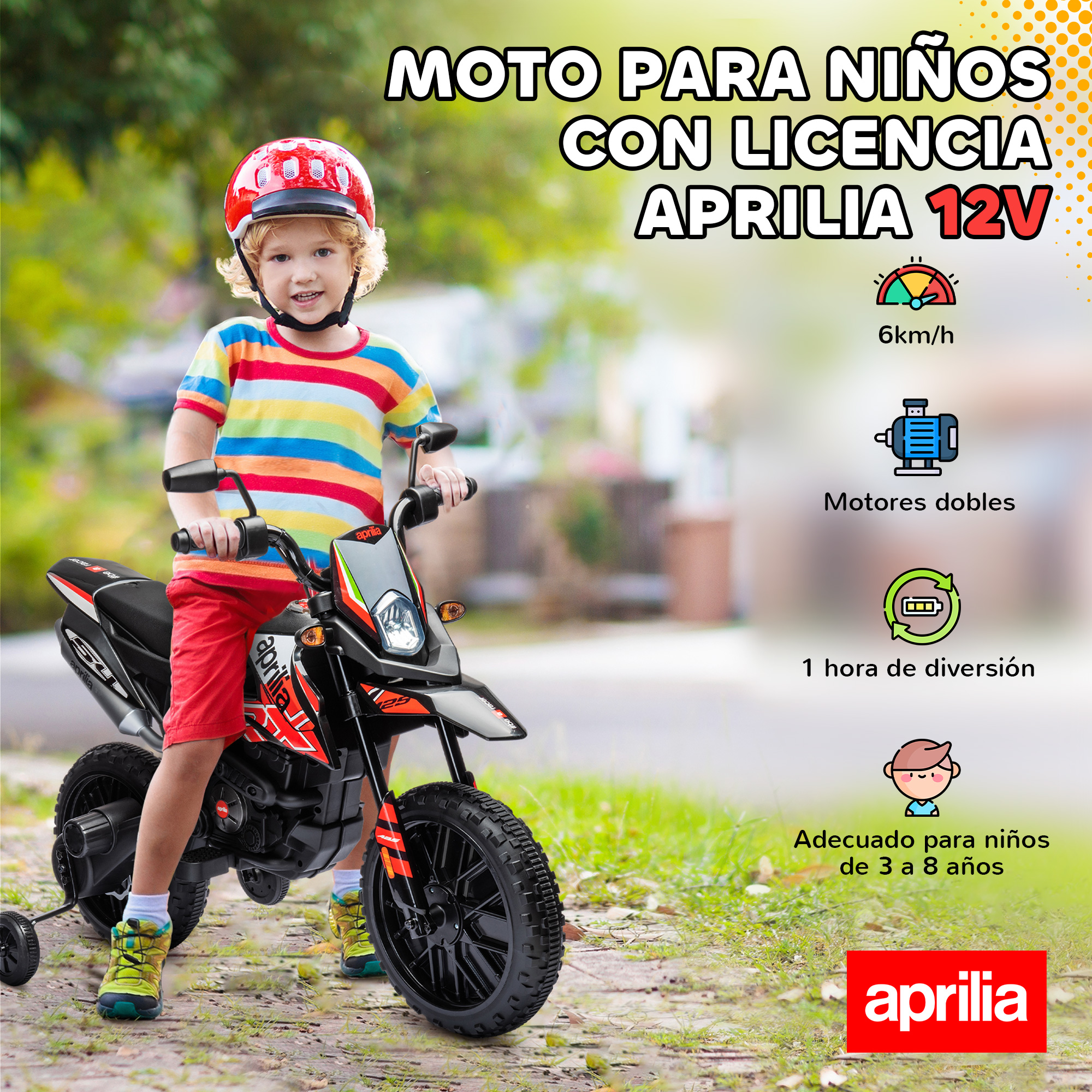 Un niño con casco monta una moto Aprilia 12V negra para niños al aire libre.