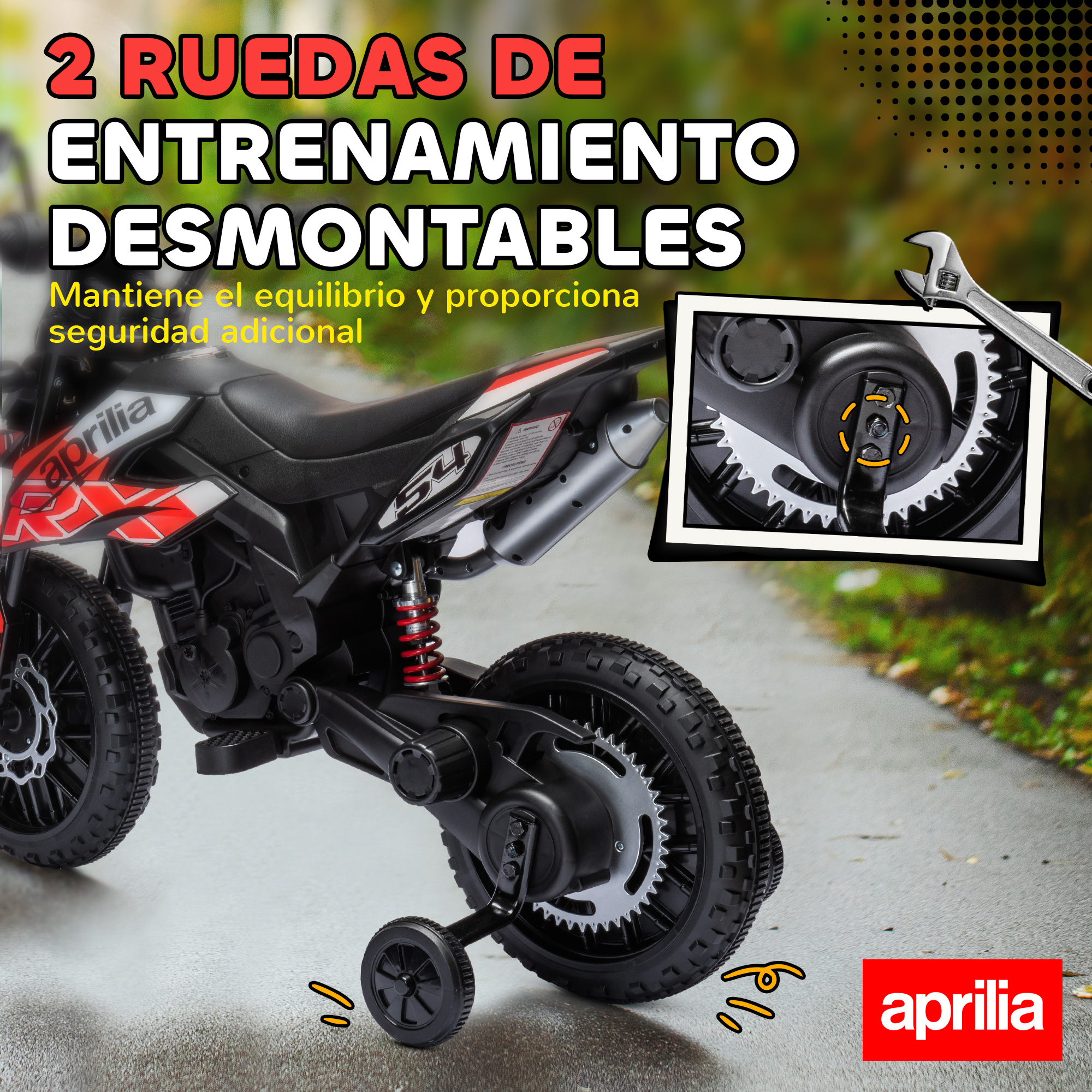 Una motocicleta negra para niños con ruedines y el logo de Aprilia.