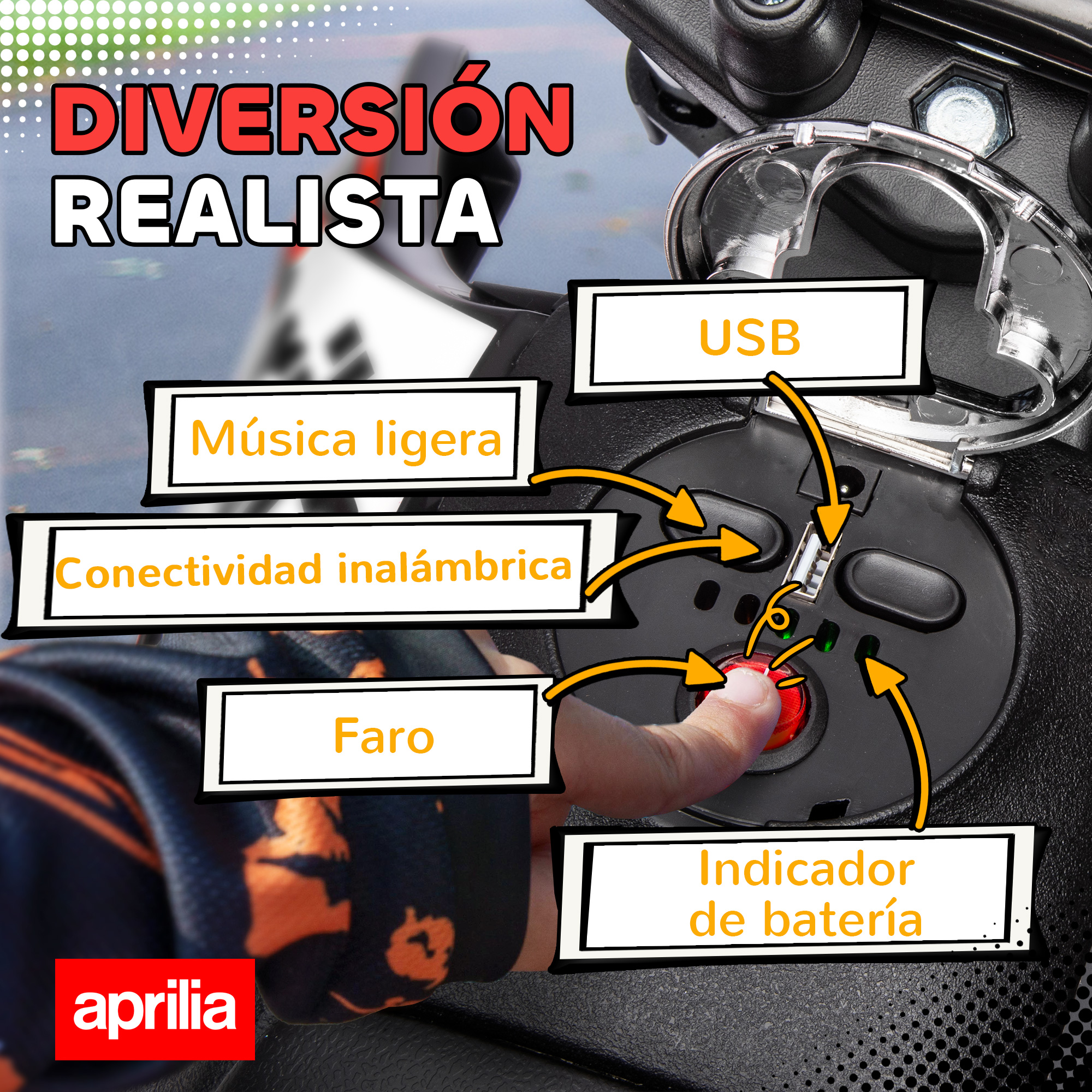 Un dedo presiona un botón rojo en un salpicadero de moto con etiquetas.