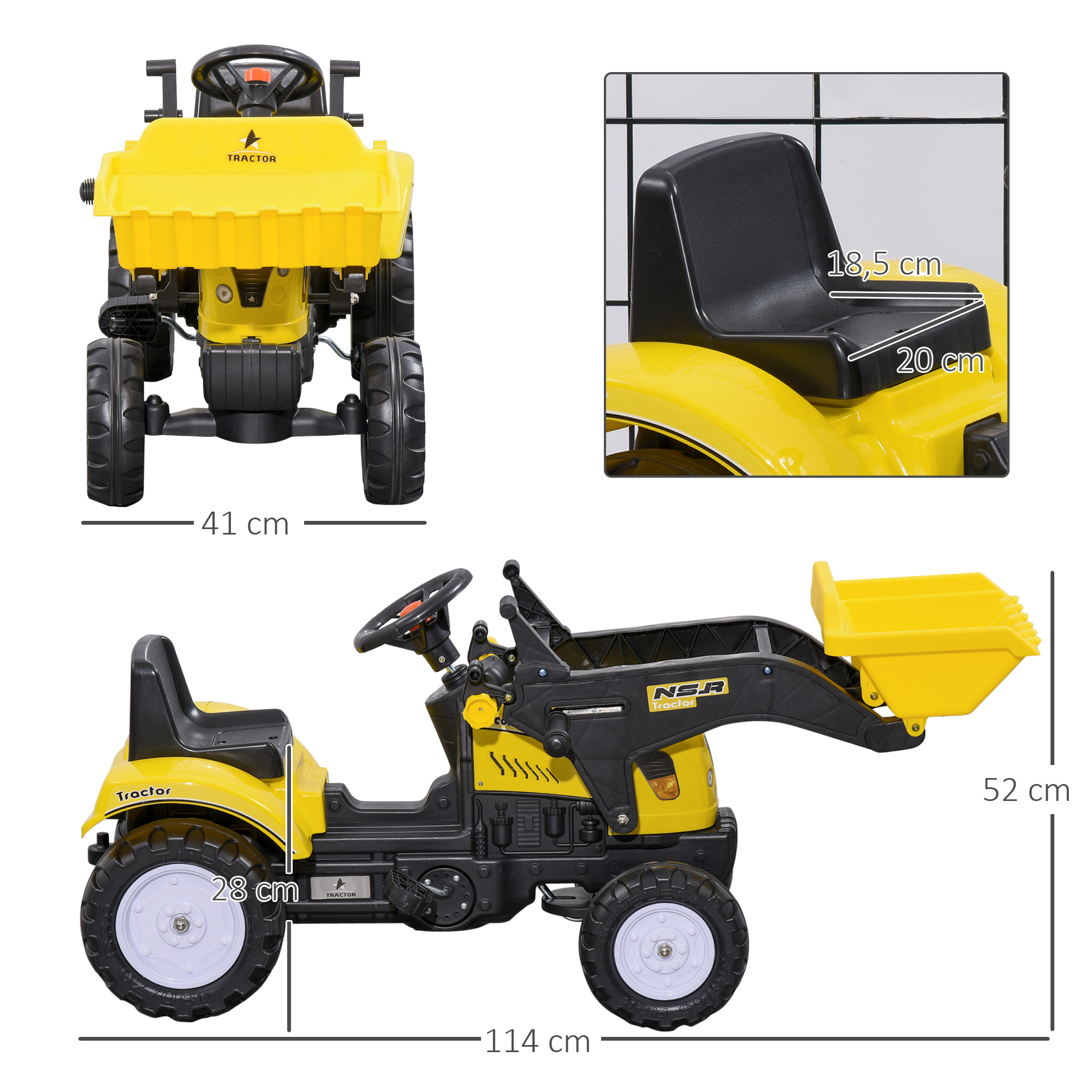 Un tractor de juguete amarillo con asiento negro, volante y pala.