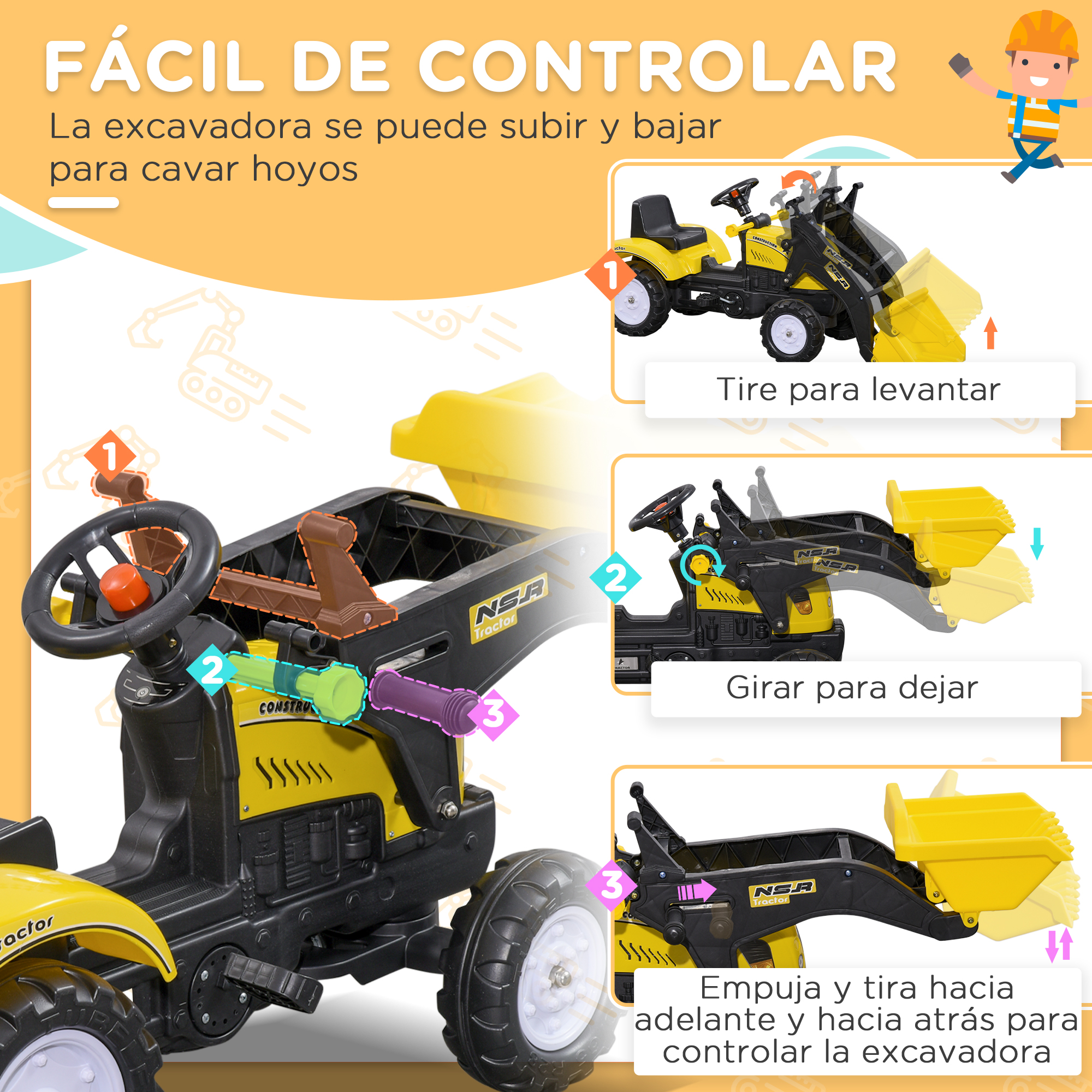 Tractor de juguete amarillo con pala, mostrando controles y acciones.