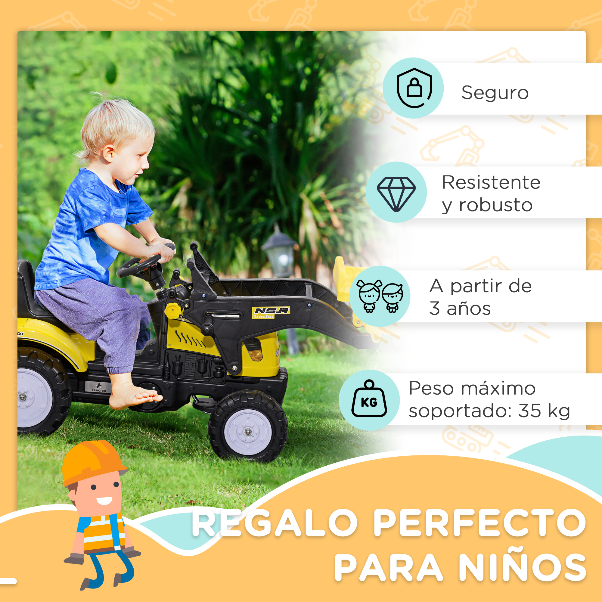 Un niño pequeño monta un tractor de juguete amarillo sobre césped. Texto sobre seguridad.
