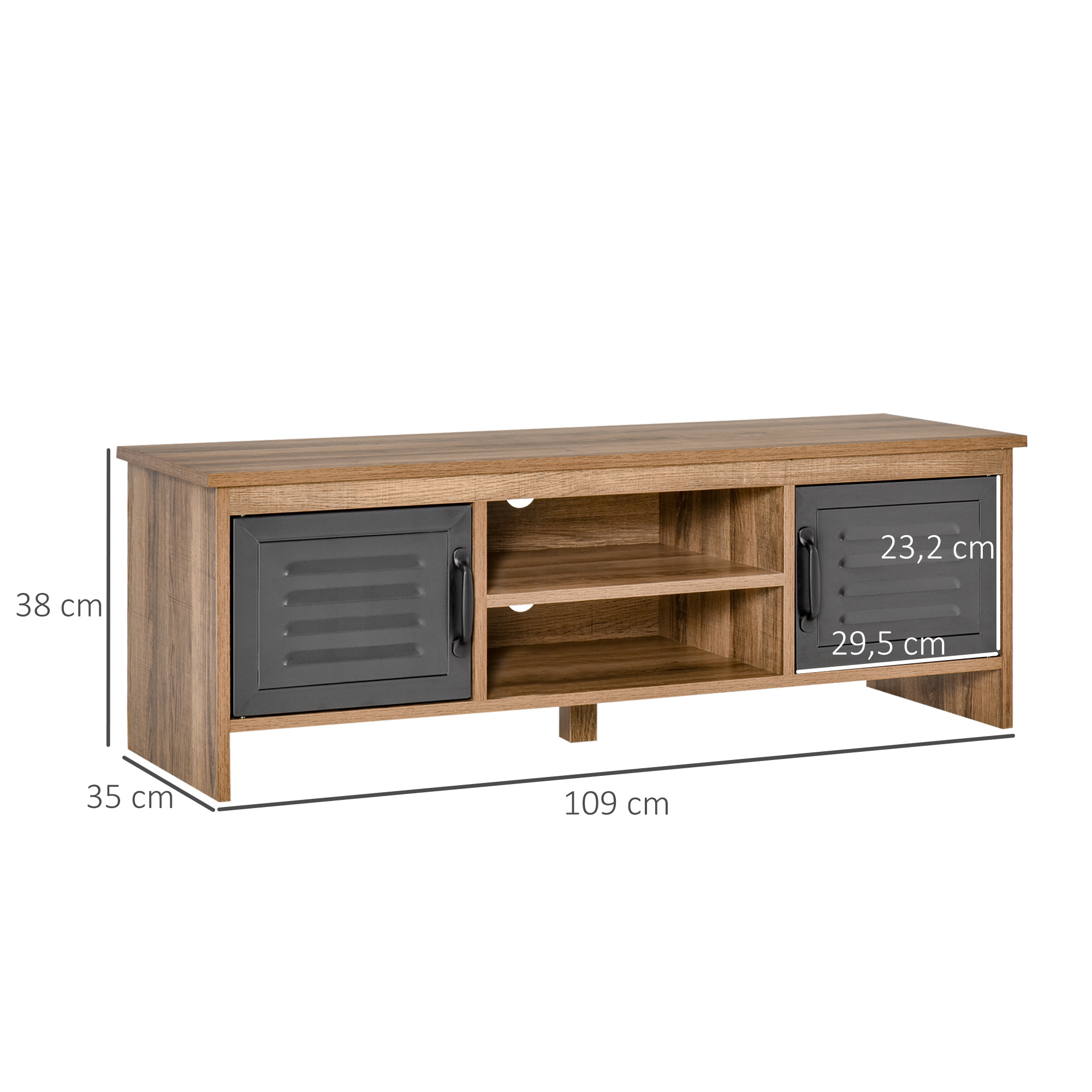 Mueble de TV de madera con puertas metálicas y estantes abiertos. Dimensiones: 109x35x38 cm.