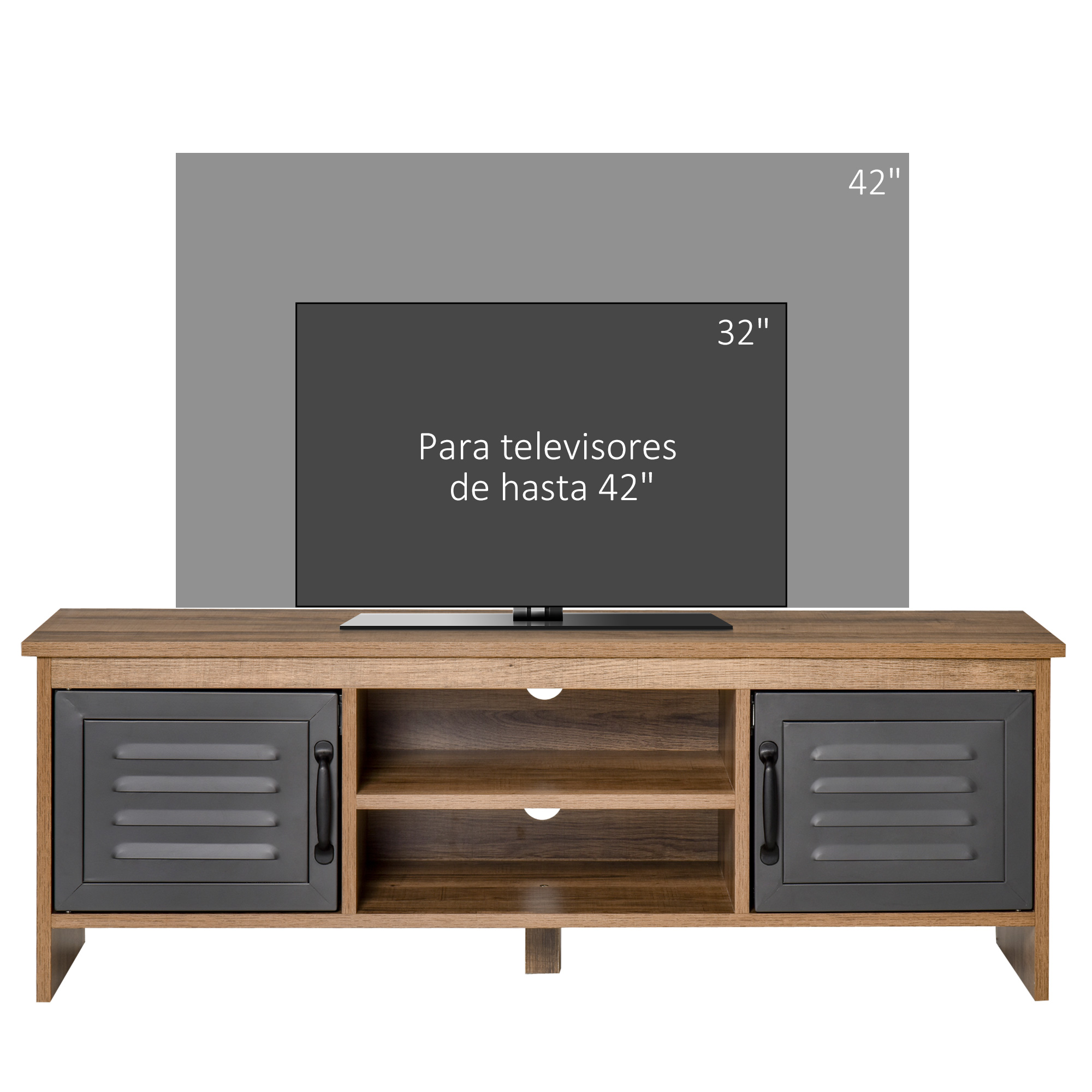 Mueble de TV de madera con dos puertas, dos estantes abiertos y texto en pantalla.