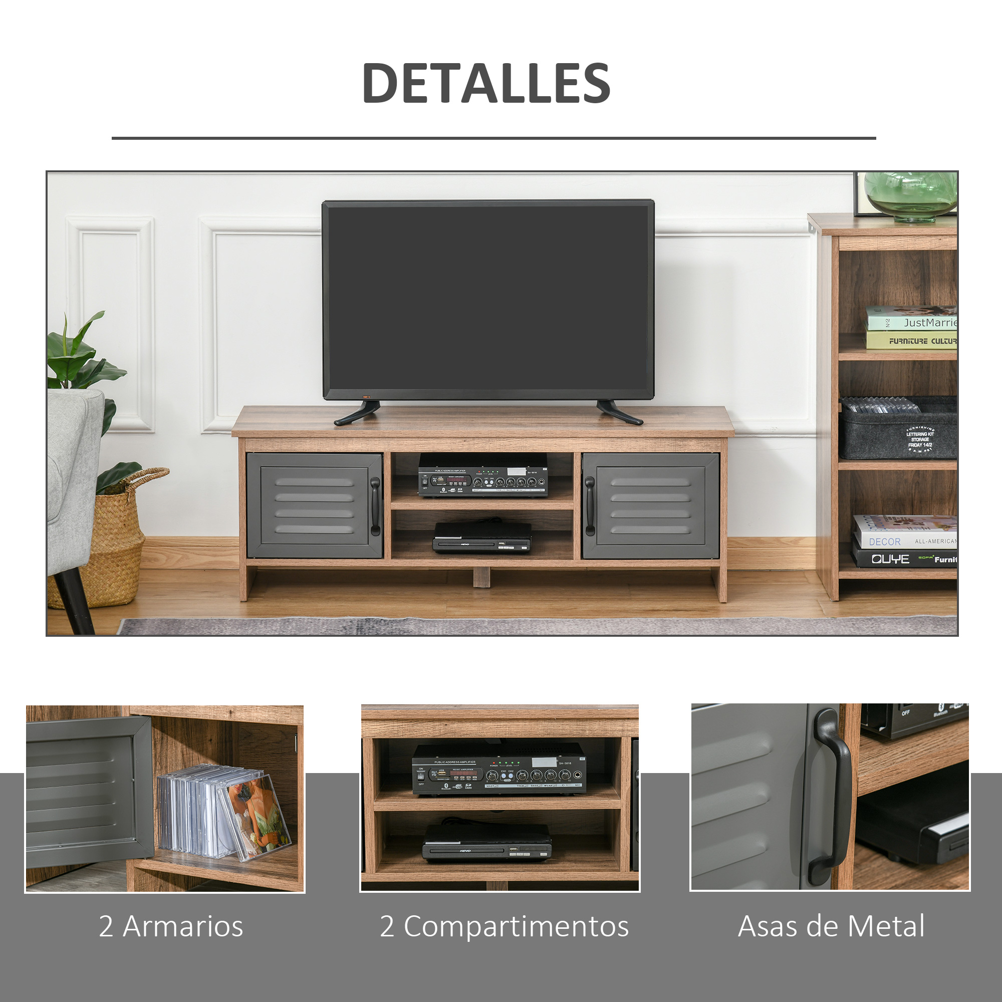 Un mueble de TV con TV, libros y electrónica.