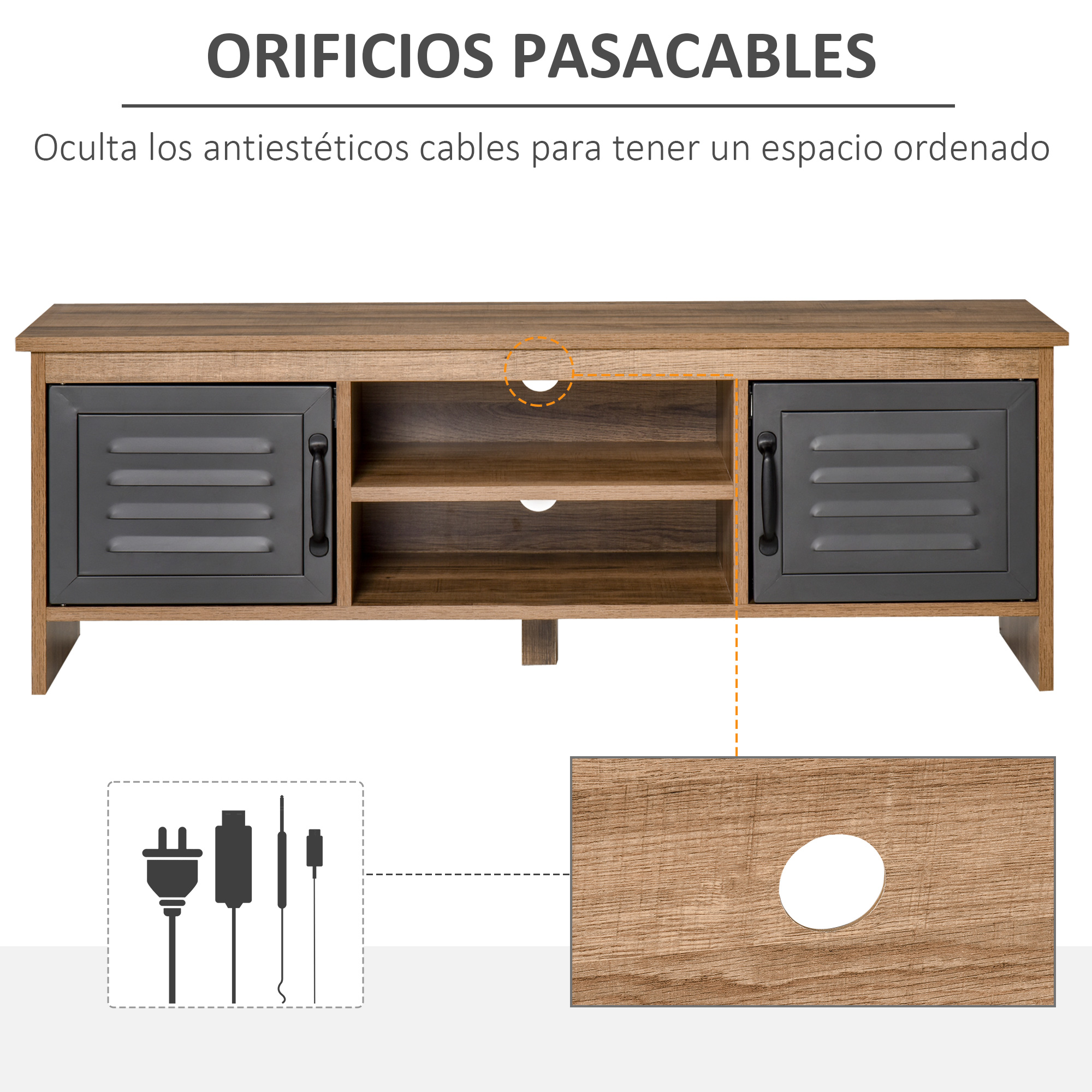 Mueble de TV de madera con dos puertas negras, estantes abiertos y orificios.