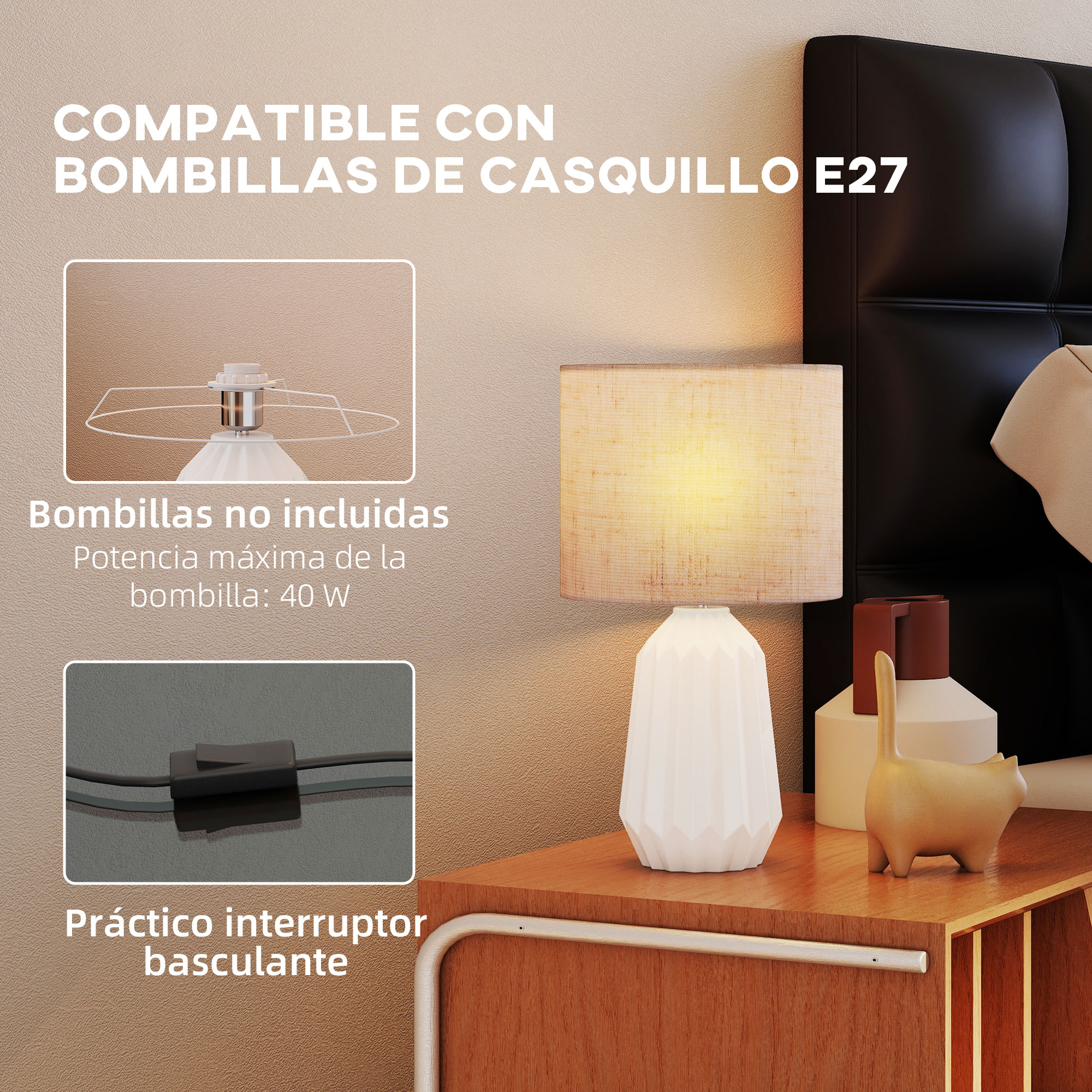 Lámpara de mesa con pantalla de tela, casquillo E27, interruptor basculante.