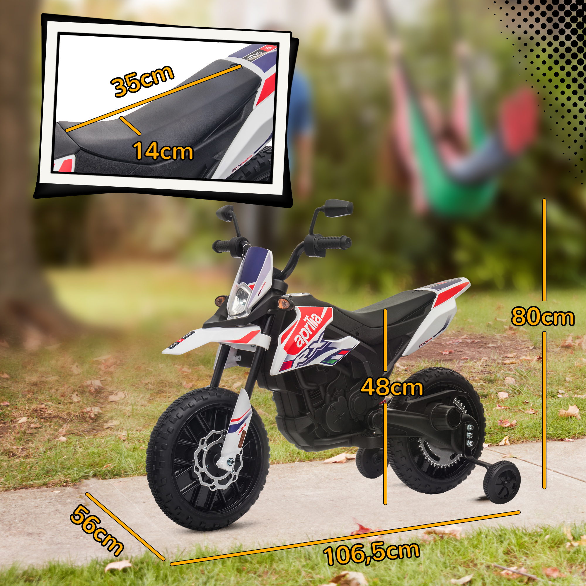 Una motocicleta de juguete blanca con calcomanías Aprilia, ruedas de entrenamiento y medidas.