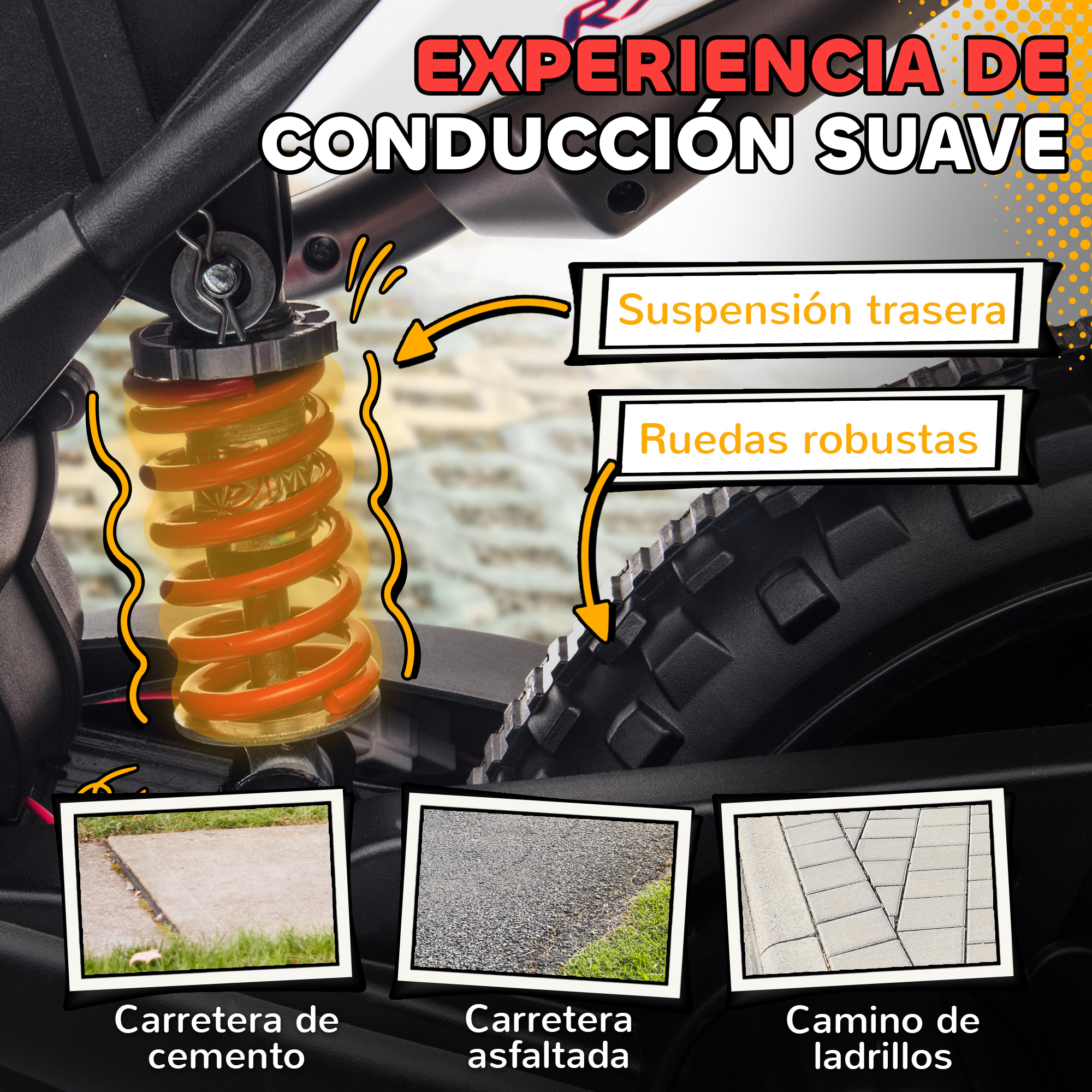 Suspensión y neumático de vehículo con imágenes de caminos de cemento, asfalto y ladrillos.