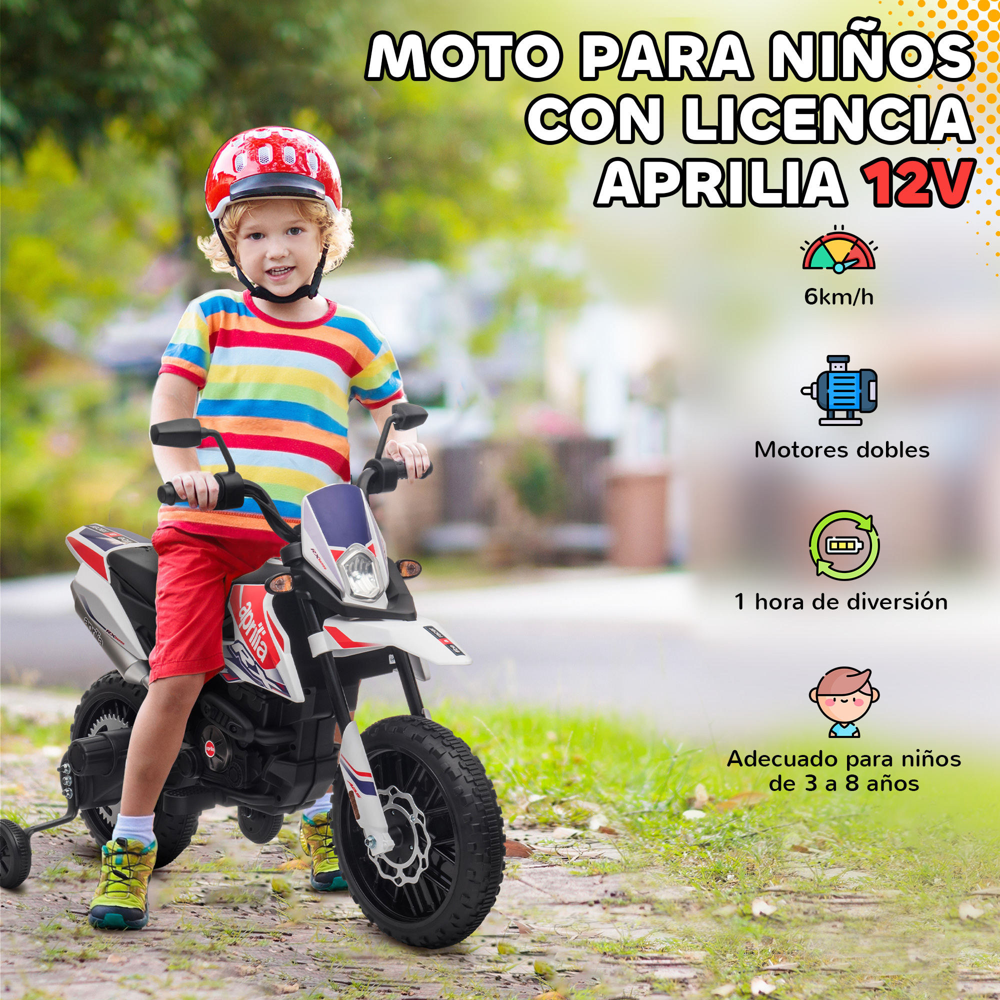 Un niño monta una motocicleta de juguete Aprilia 12V roja y blanca con ruedas de apoyo.
