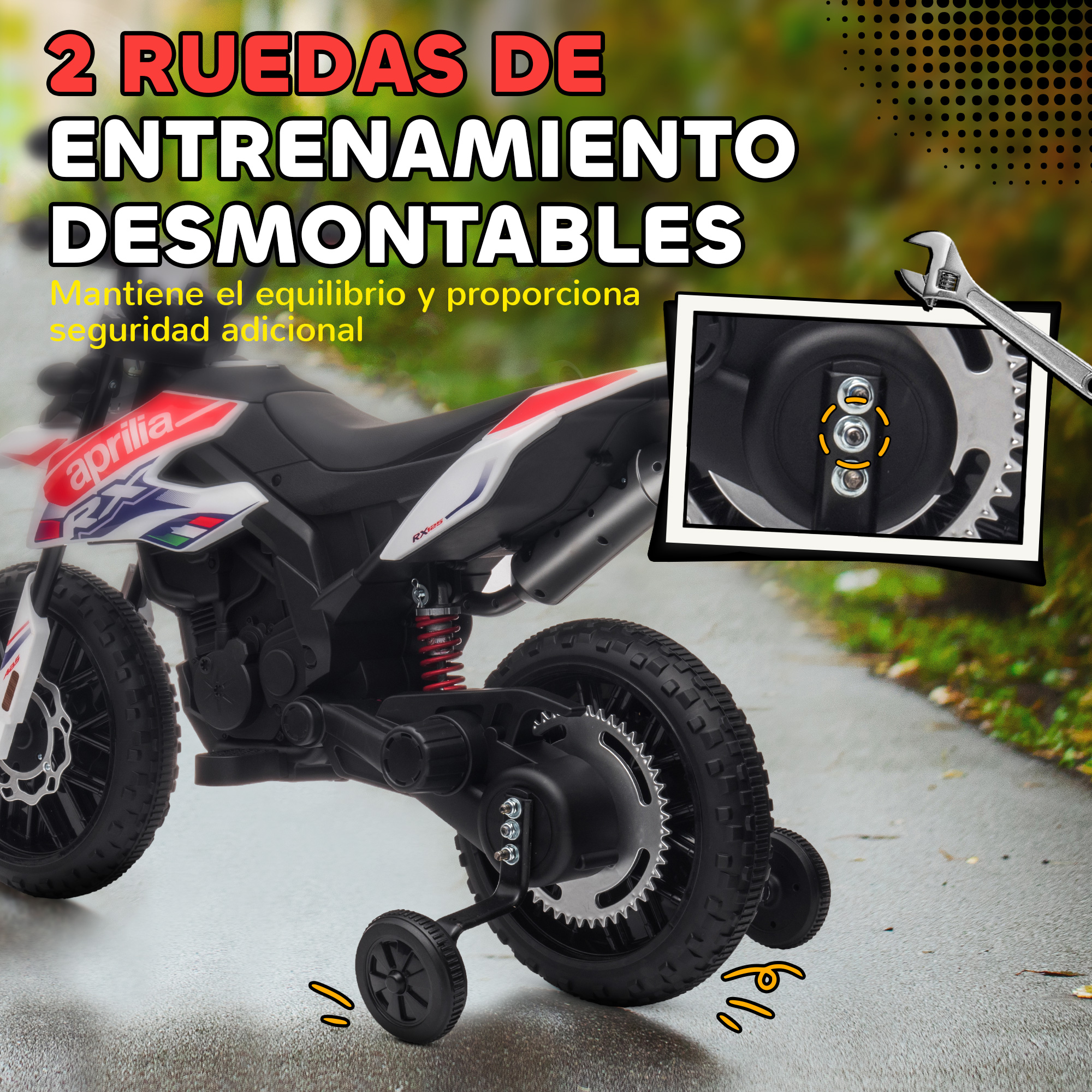 Una moto de juguete con ruedines y una llave inglesa.