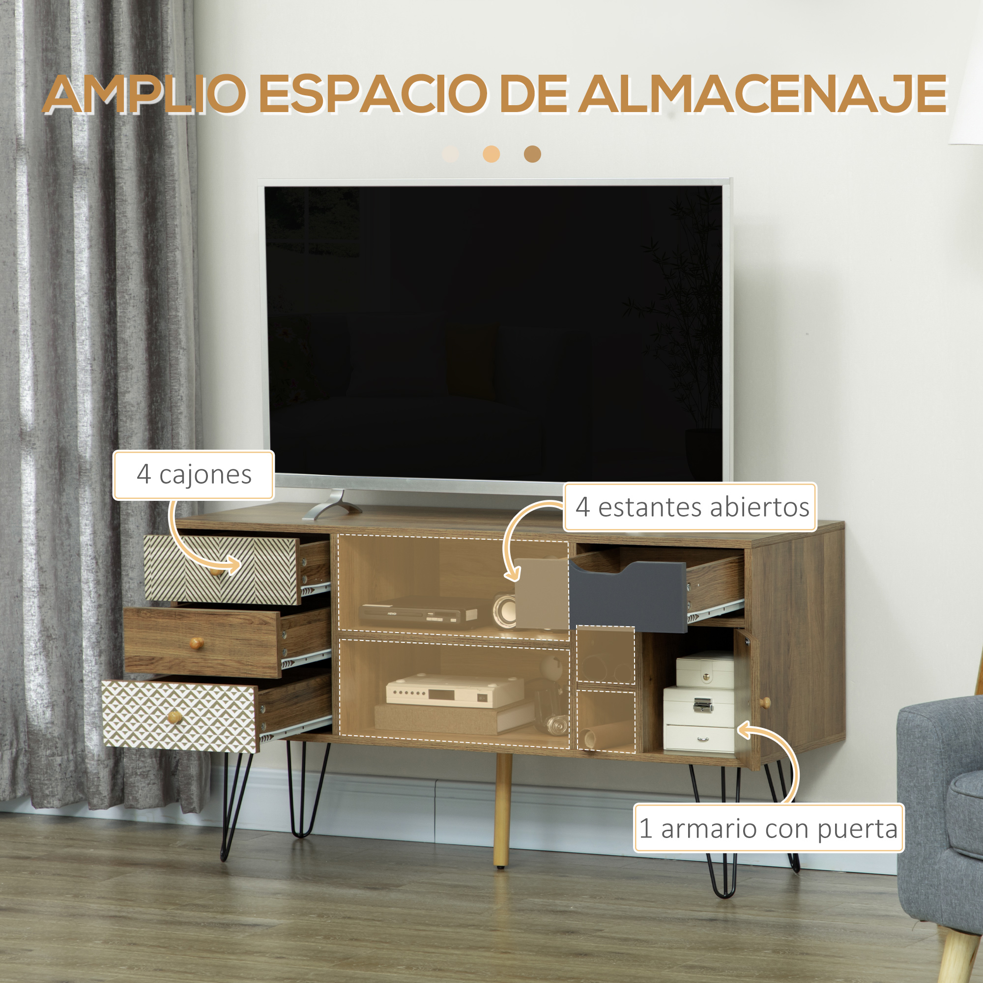 Mueble de TV con 4 cajones, 4 estantes abiertos y 1 armario.