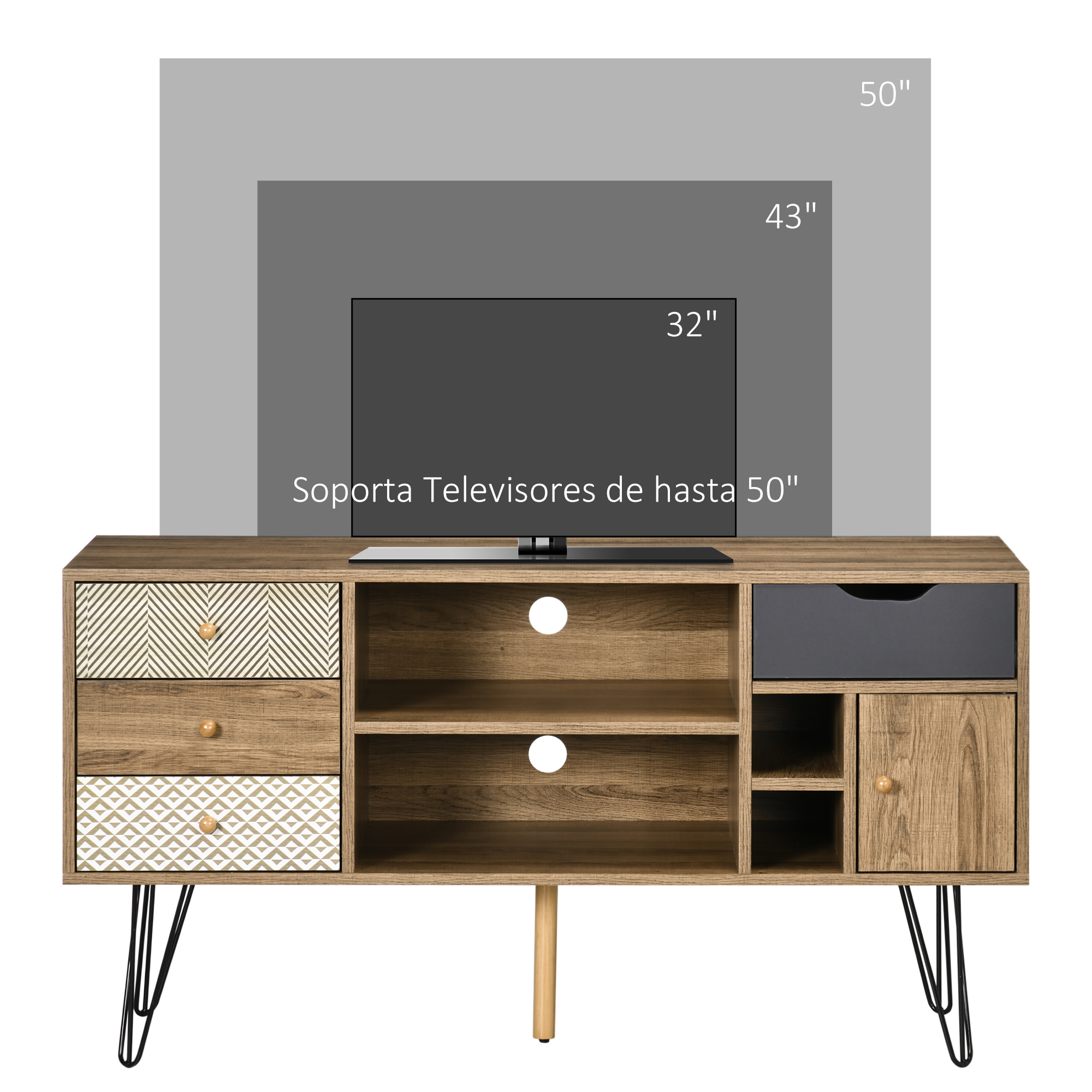 Mueble de TV de madera con cajones y puertas, con indicadores de tamaño de TV.