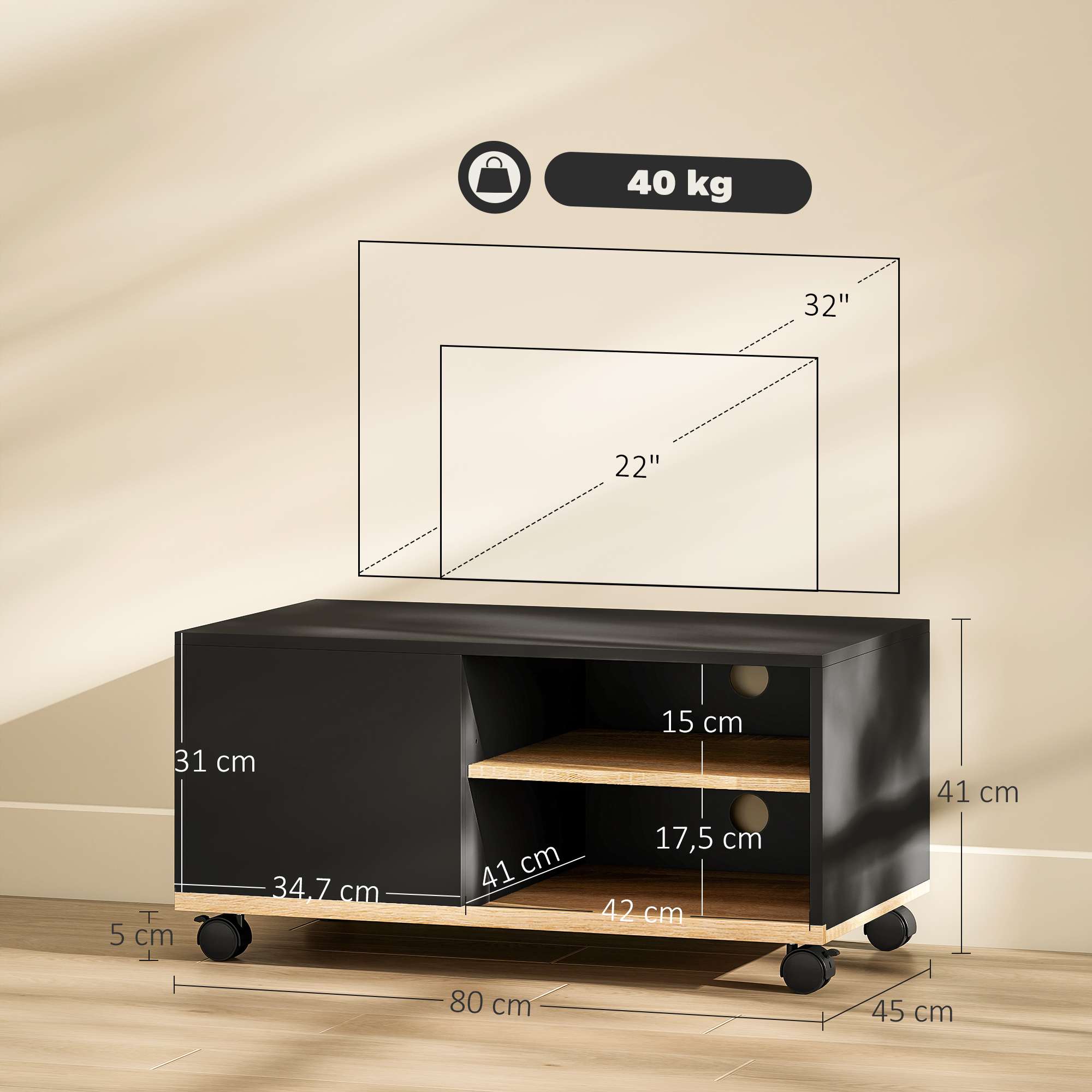 Mueble de TV negro con ruedas, dimensiones y tamaños de TV. Carga máx. 40 kg.