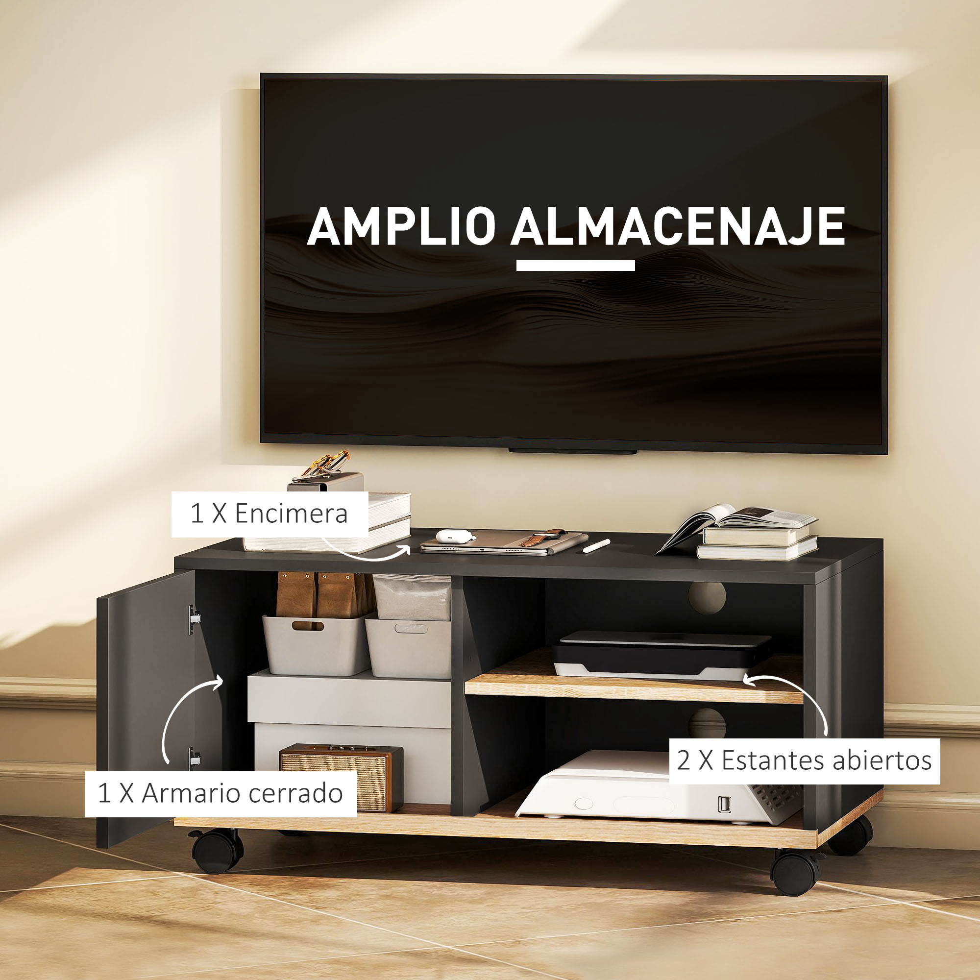 Un mueble de TV oscuro con almacenamiento abierto y cerrado.