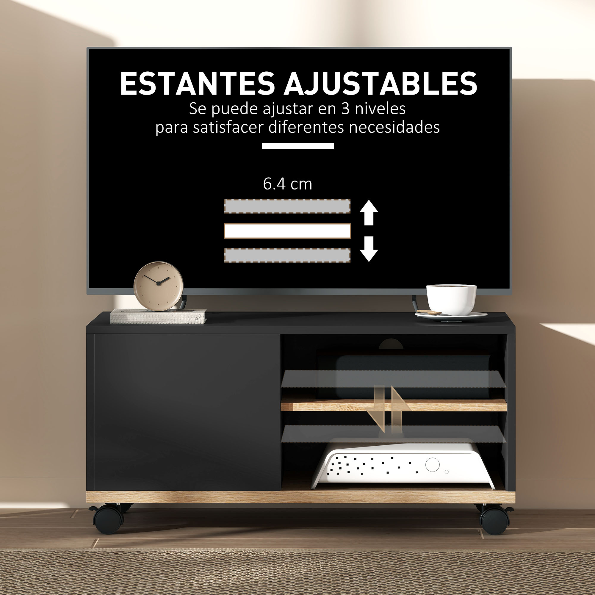 Moderno mueble de TV negro con estantes de cristal, reloj, libro y taza.