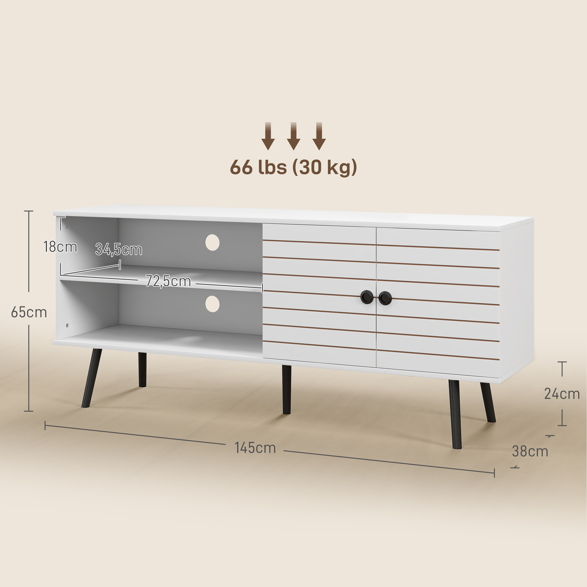 Mueble de TV blanco con cuatro patas, dos puertas y estantes abiertos.