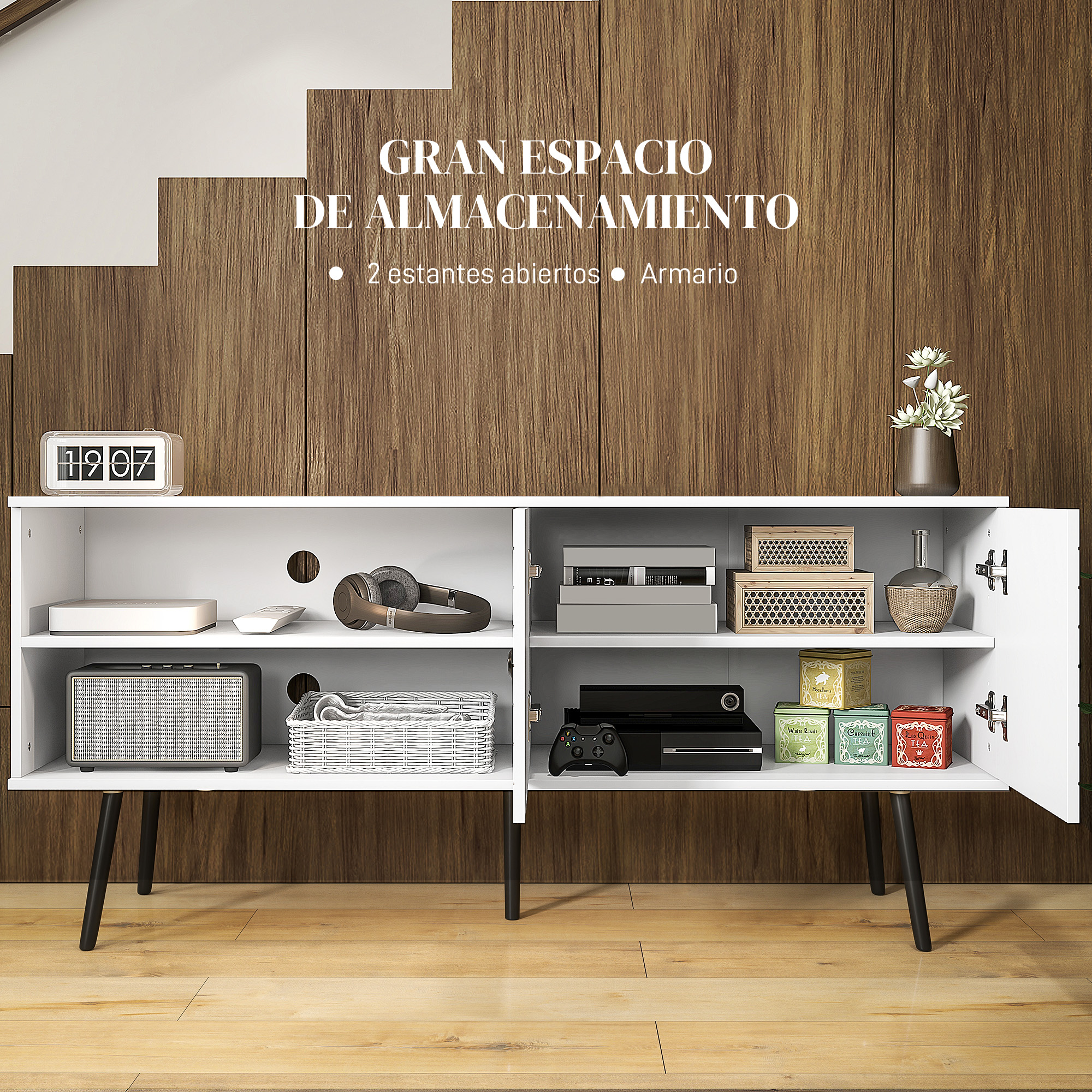 Un aparador blanco con estantes abiertos, lleno de decoración y electrónica.