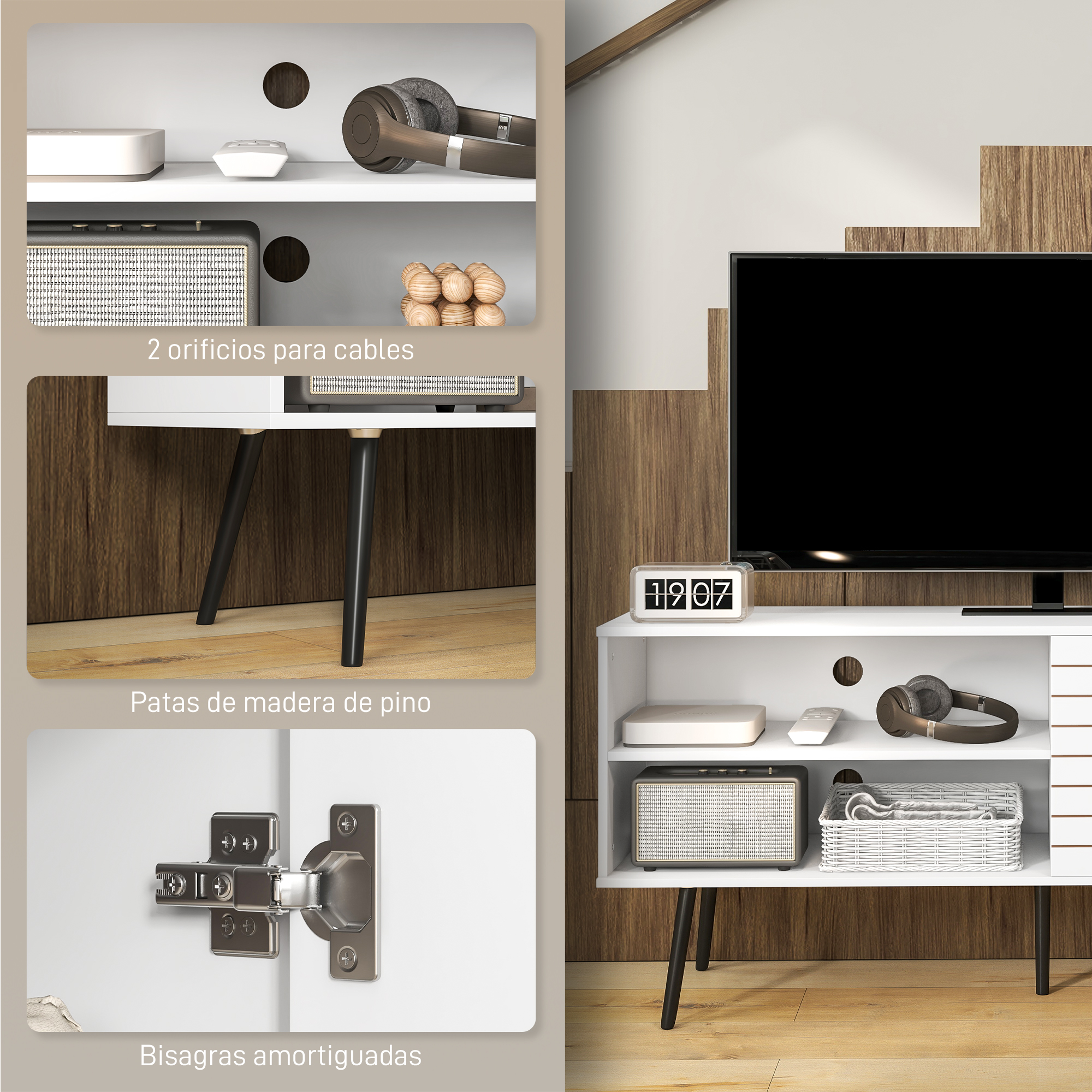 Mueble de TV blanco moderno con detalles en madera, estantes y reloj.