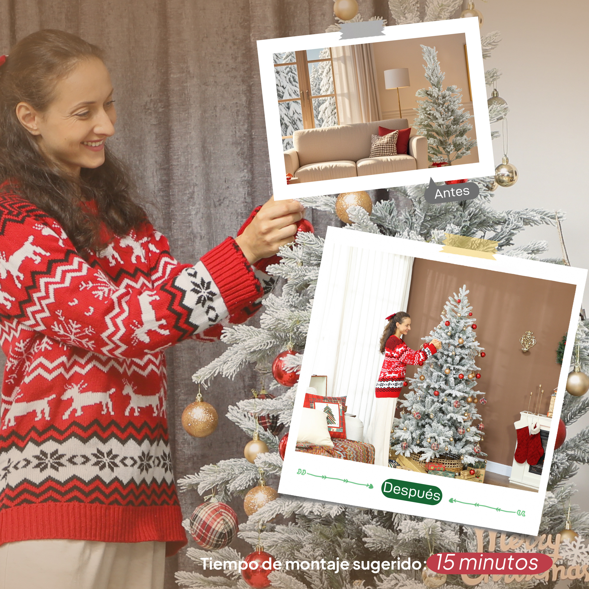 Una mujer decora un árbol de Navidad nevado con adornos dorados y rojos.