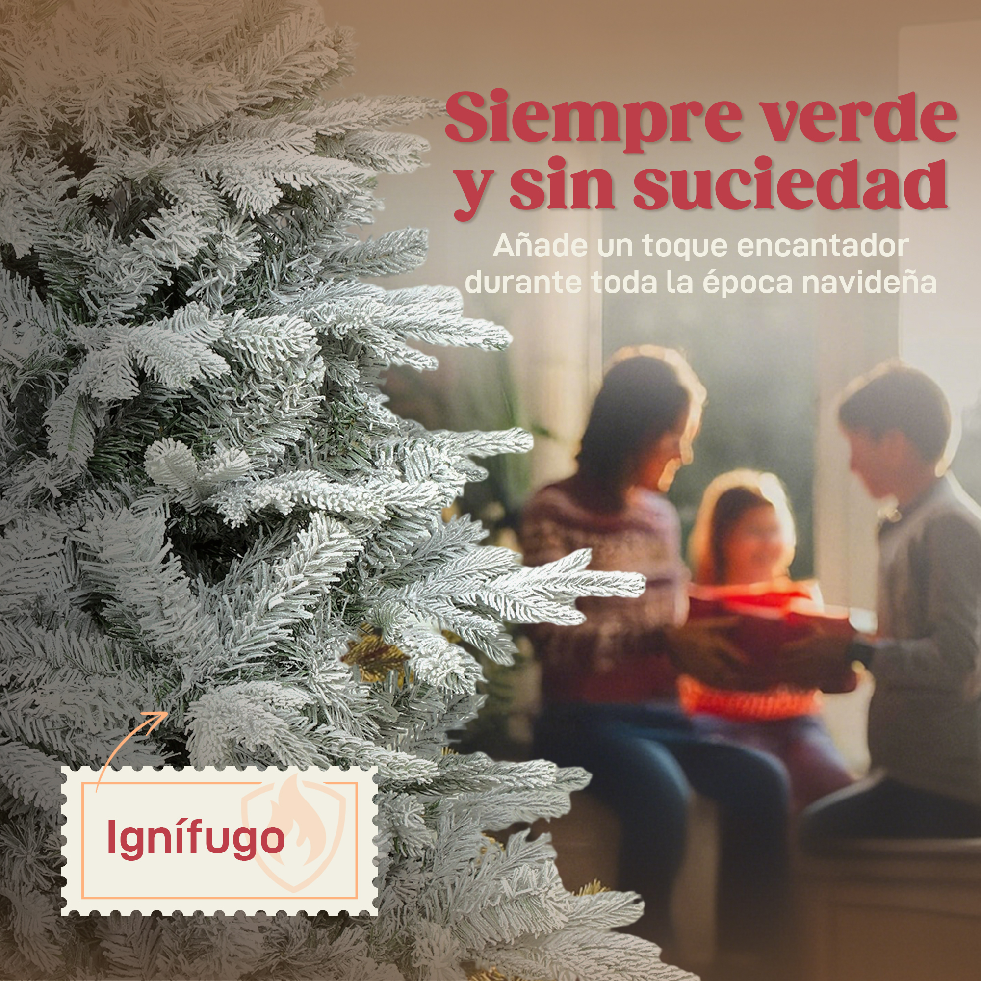 Un árbol de Navidad nevado con familia al fondo, con etiqueta 'Ignífugo'.