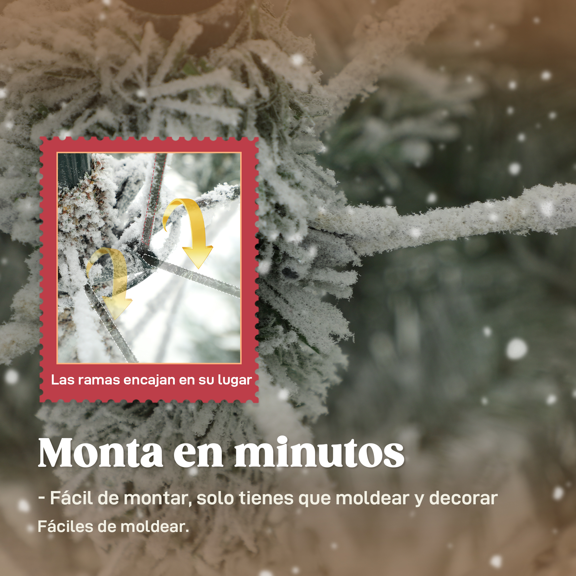 Primer plano de una rama nevada con flechas que indican el montaje.