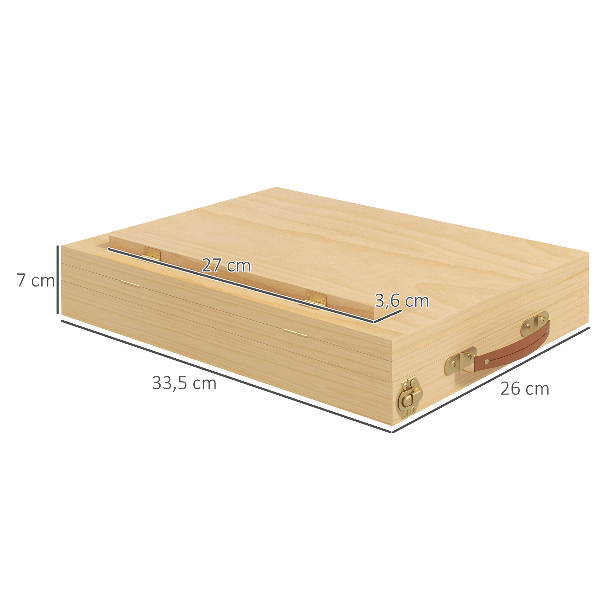 Una caja de madera de 33,5x26x7 cm, con asa de cuero y cierres de latón.