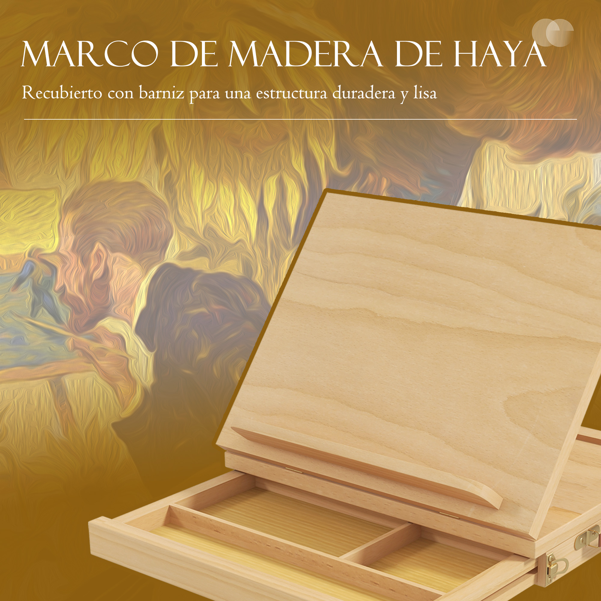 Caja de madera con compartimentos y tapa abatible, con pintura al fondo.