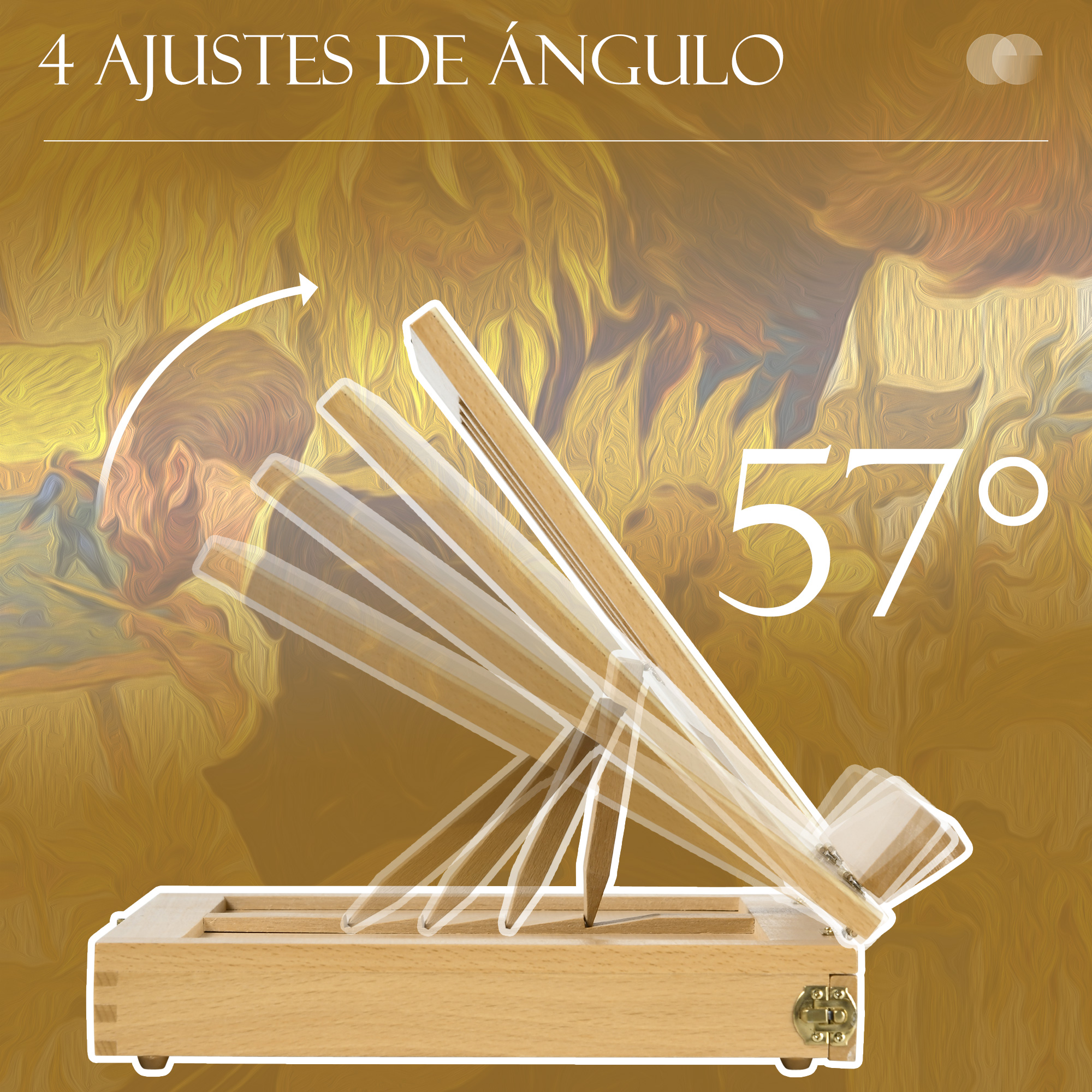 Una caja de dibujo de madera muestra varios ajustes de ángulo hasta 57 grados.