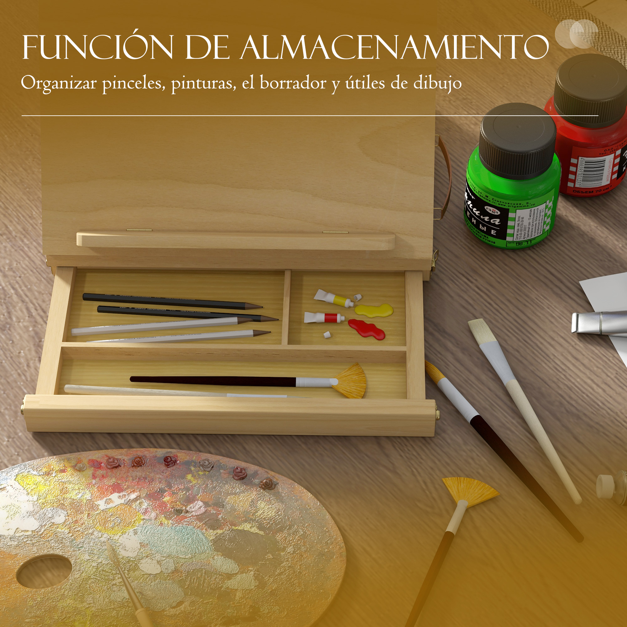 Una caja de arte de madera con lápices, tubos de pintura, pinceles y una paleta.