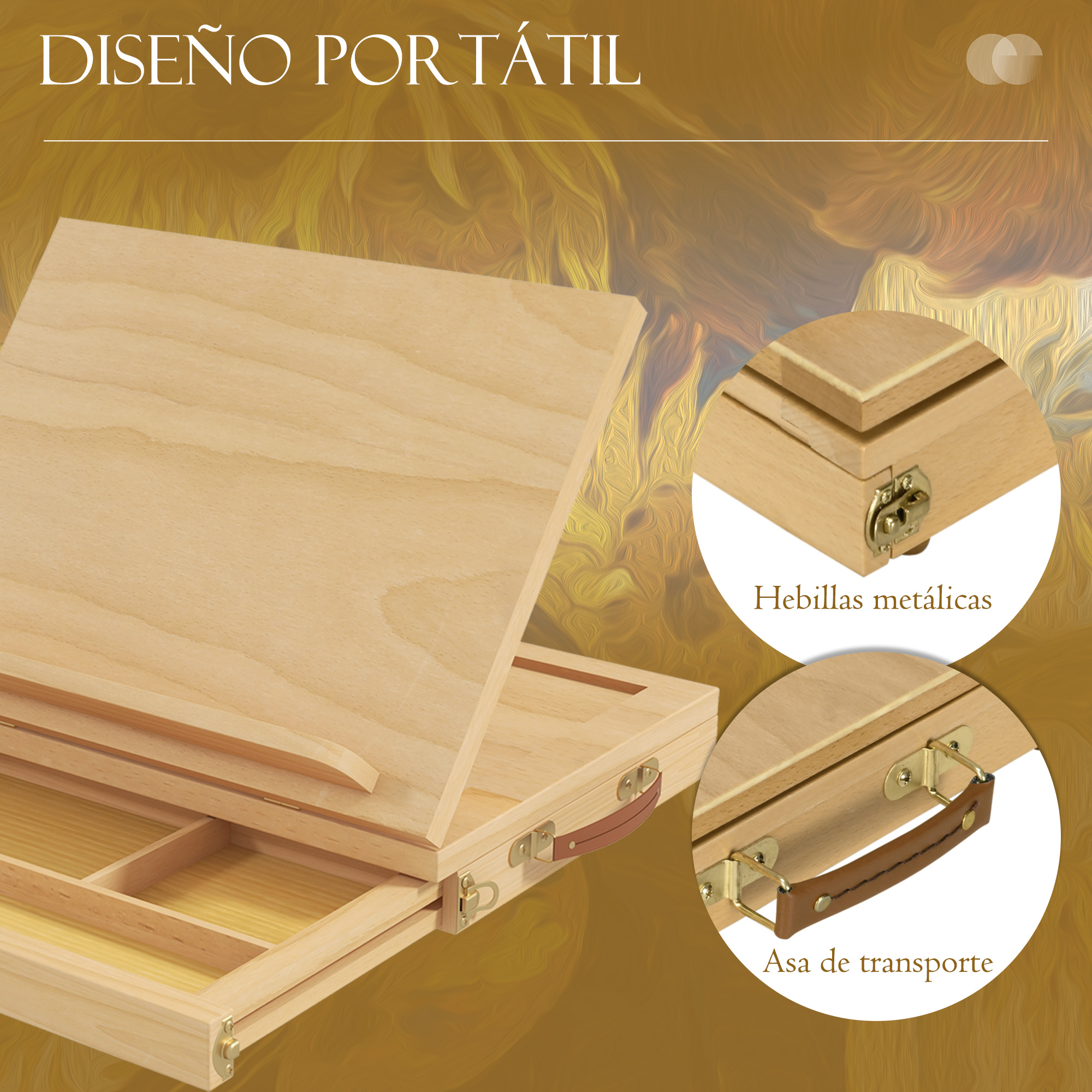 Un estuche de madera con compartimentos, cierres metálicos y asa.