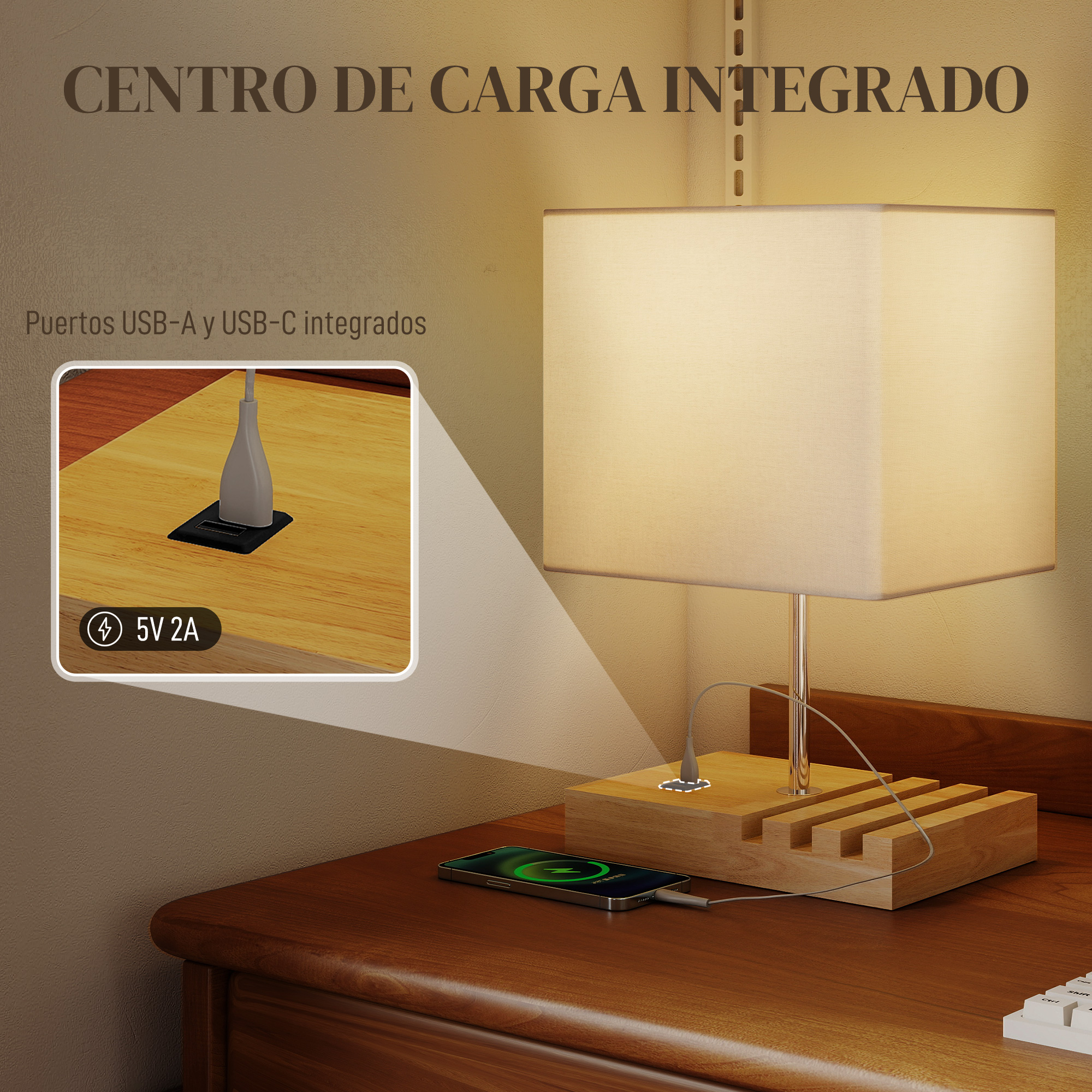 Una mesita de noche con lámpara y cargador integrado. Un teléfono carga.