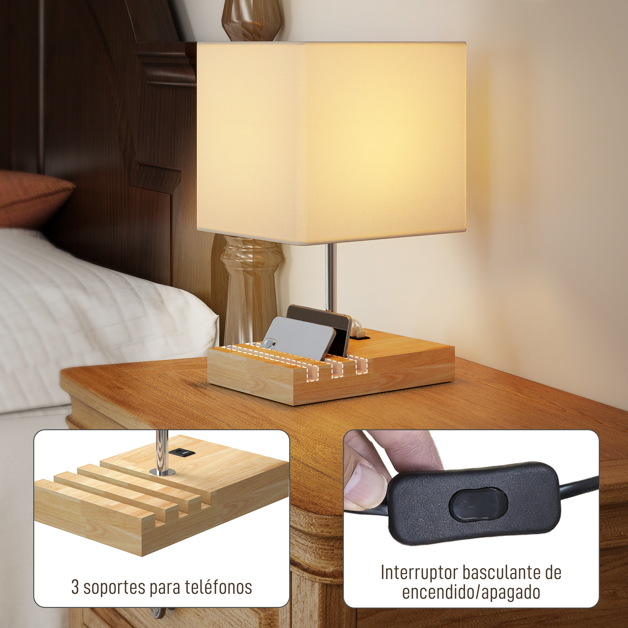 Lámpara de noche con base de carga de madera para teléfonos y interruptor.