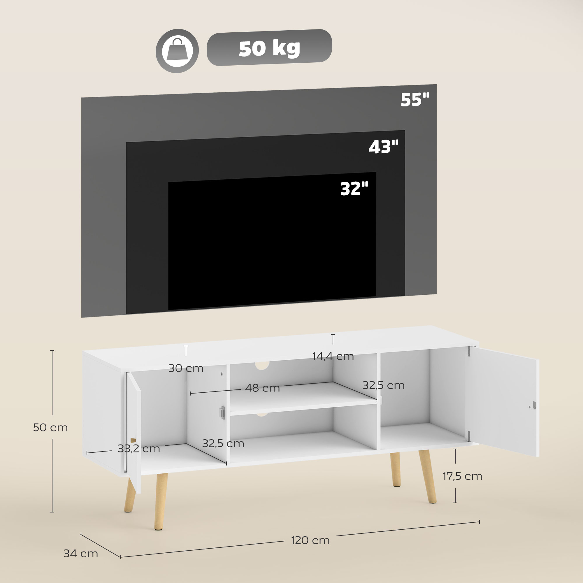 Mueble de TV blanco con medidas, mostrando tamaños de TV al lado.