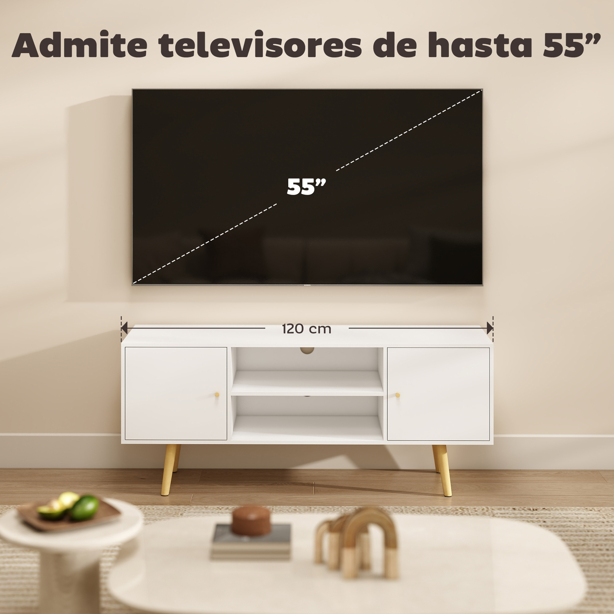 Mueble de TV blanco moderno con 2 puertas, 2 estantes abiertos y 4 patas.