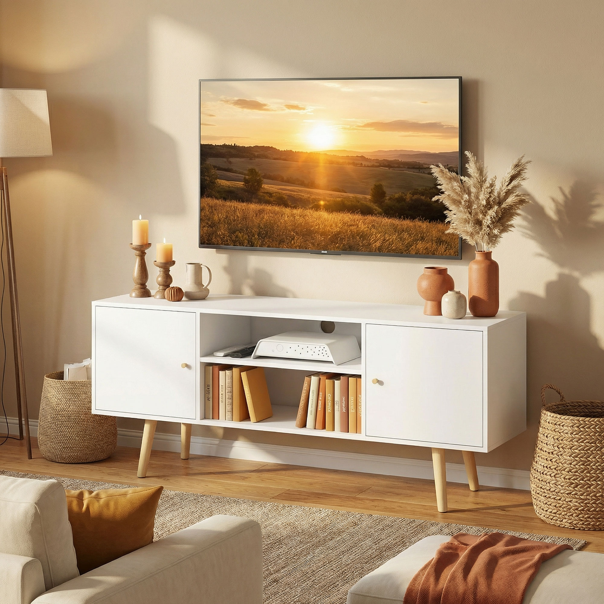 Un mueble de TV blanco con libros, velas y jarrones delante de un televisor.