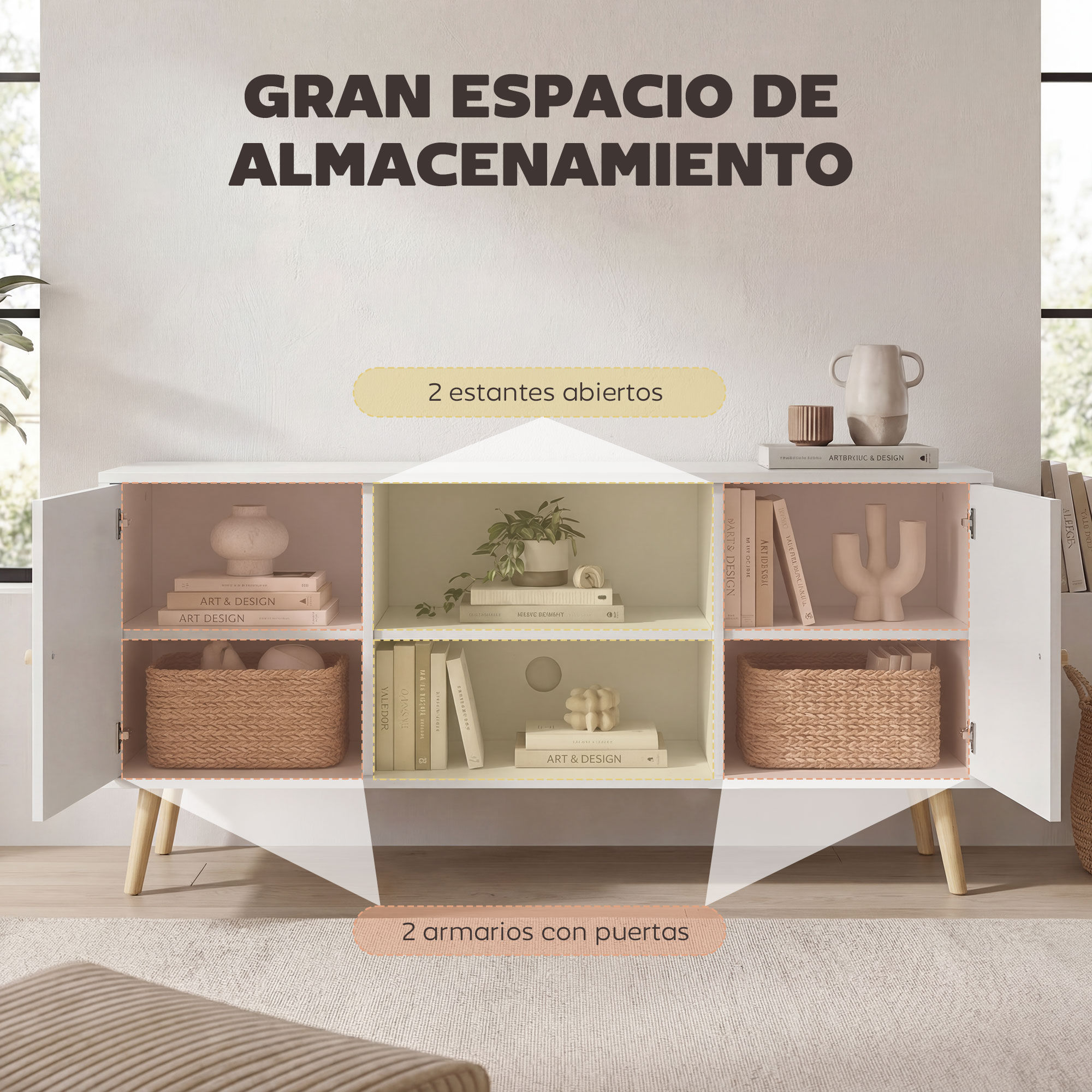 Aparador blanco con estantes abiertos y puertas, decorado con jarrones y cestas.