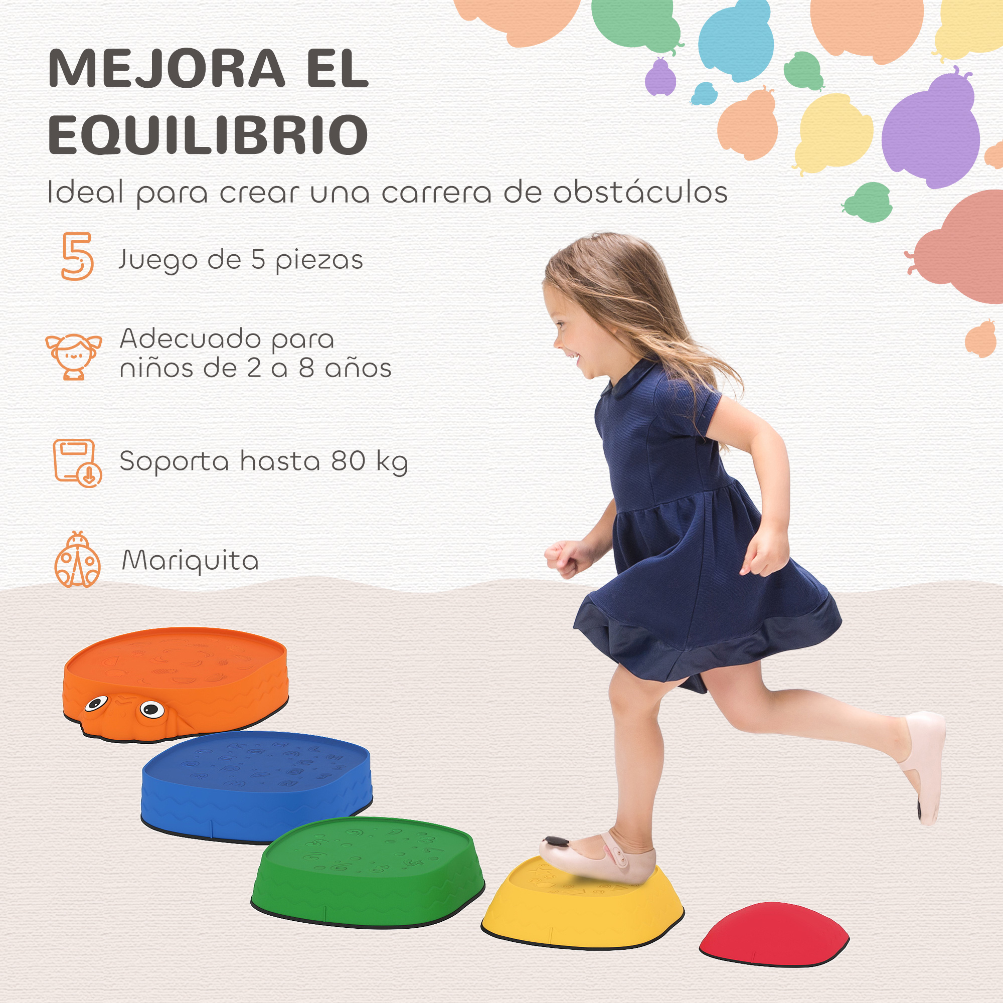 Una niña con vestido azul salta sobre piedras de equilibrio coloridas.